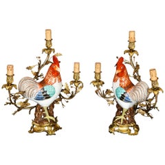 Pair of Chinese Export Rooster Louis XVI Style Gilt Bronze-Mounted Candelabras