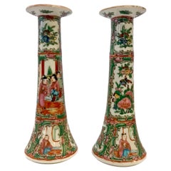 Antique Pair of Chinese Export Rose Canton Candlesticks, circa 1885-1890