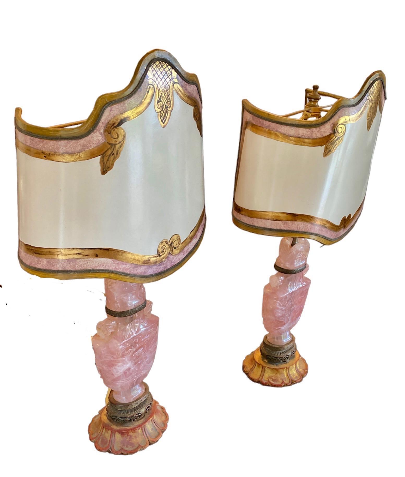 Hand-Carved Pair of Chinese Export Rose Quartz Lamps