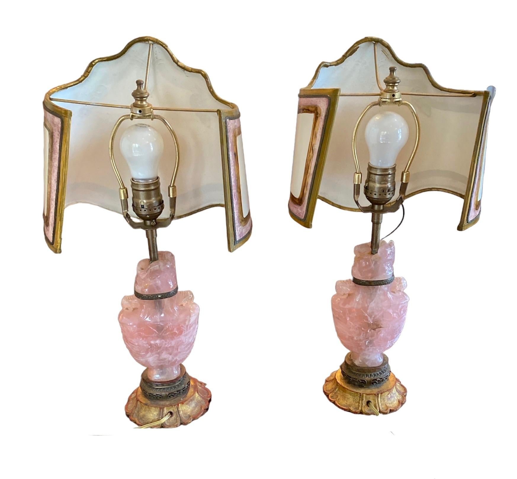 Pair of Chinese Export Rose Quartz Lamps In Excellent Condition In Los Angeles, CA