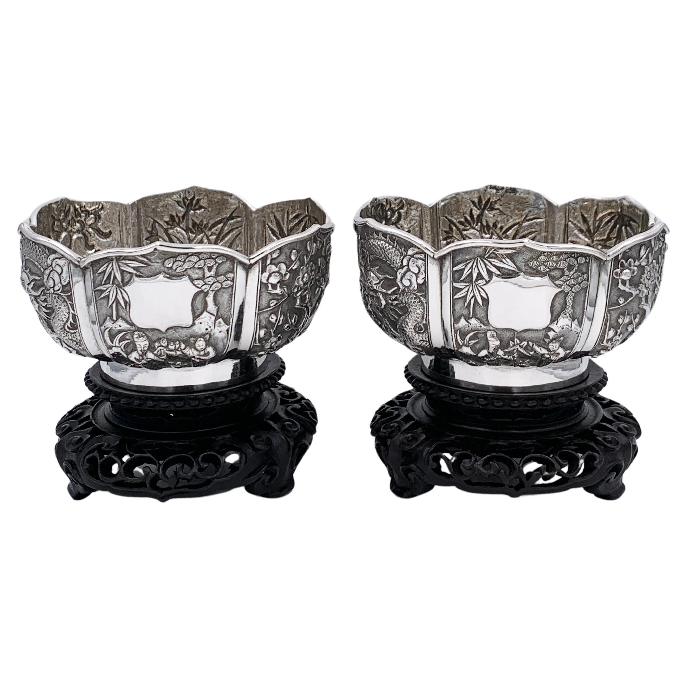 Pareja de cuencos chinos de plata de exportación