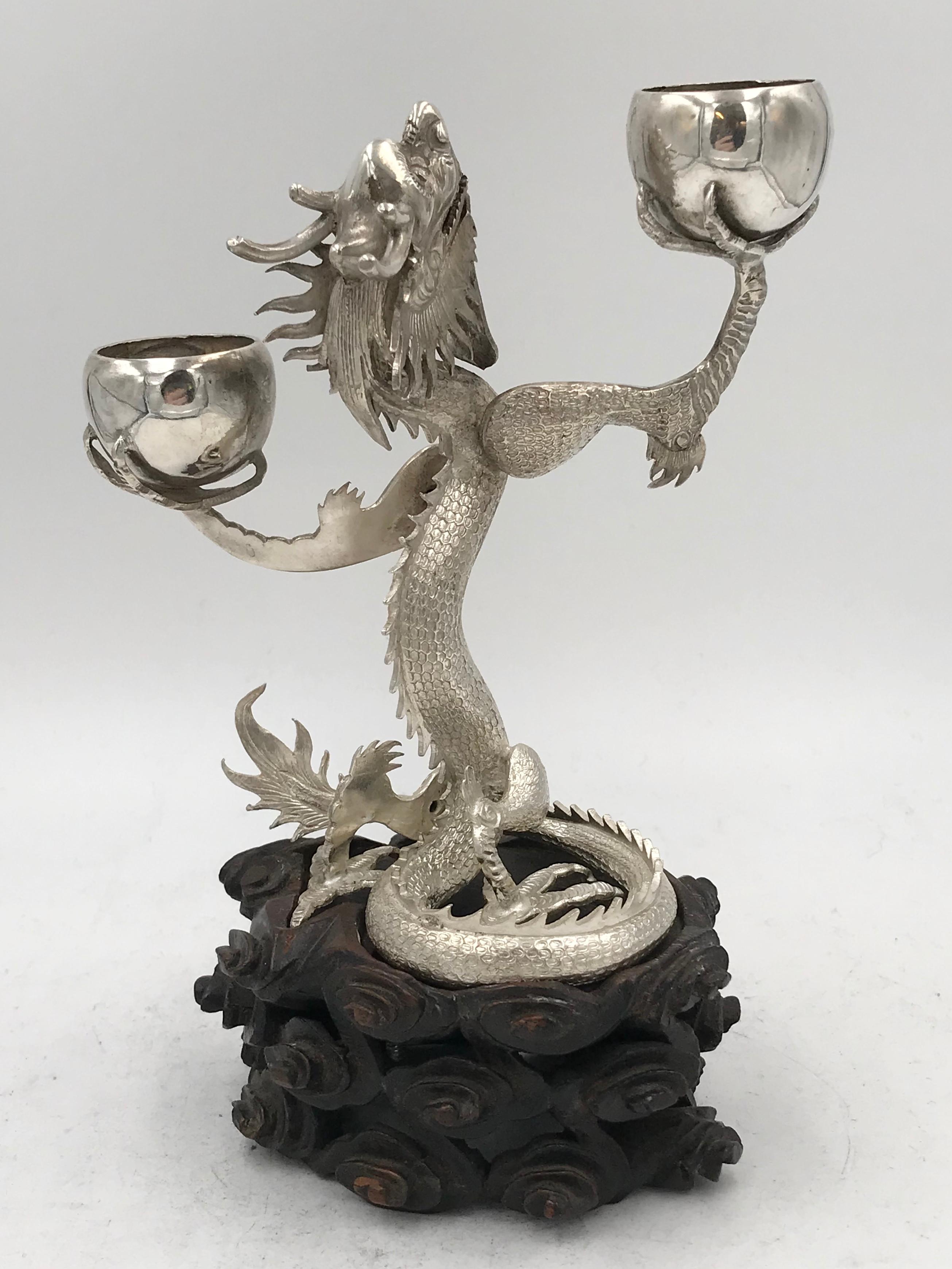 Pair of Chinese Export Silver Dragon Candelabra For Sale 9