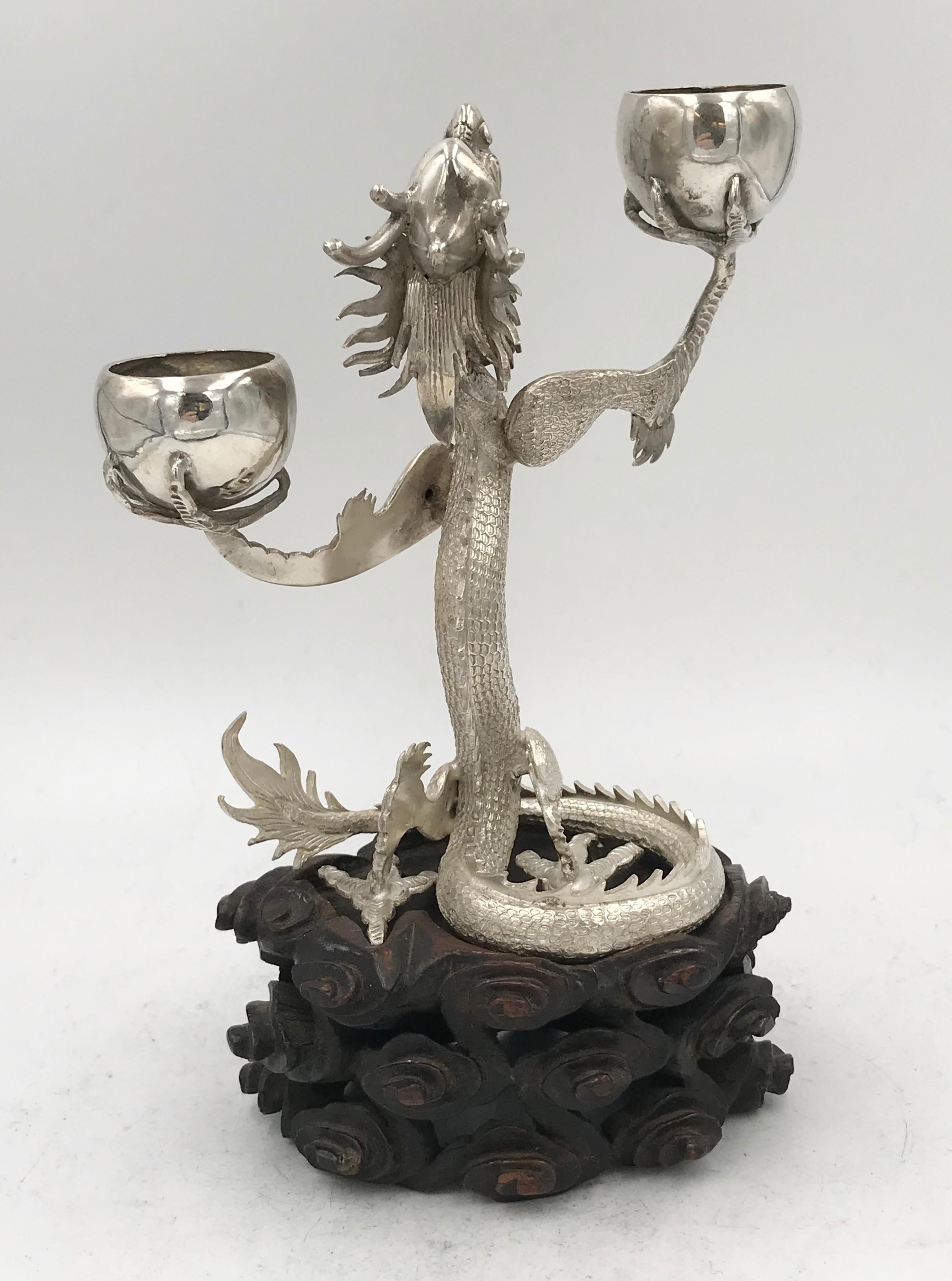 Pair of Chinese Export Silver Dragon Candelabra For Sale 10