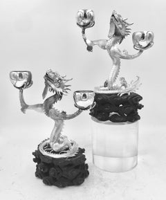 Pair of Chinese Export Silver Dragon Candelabra