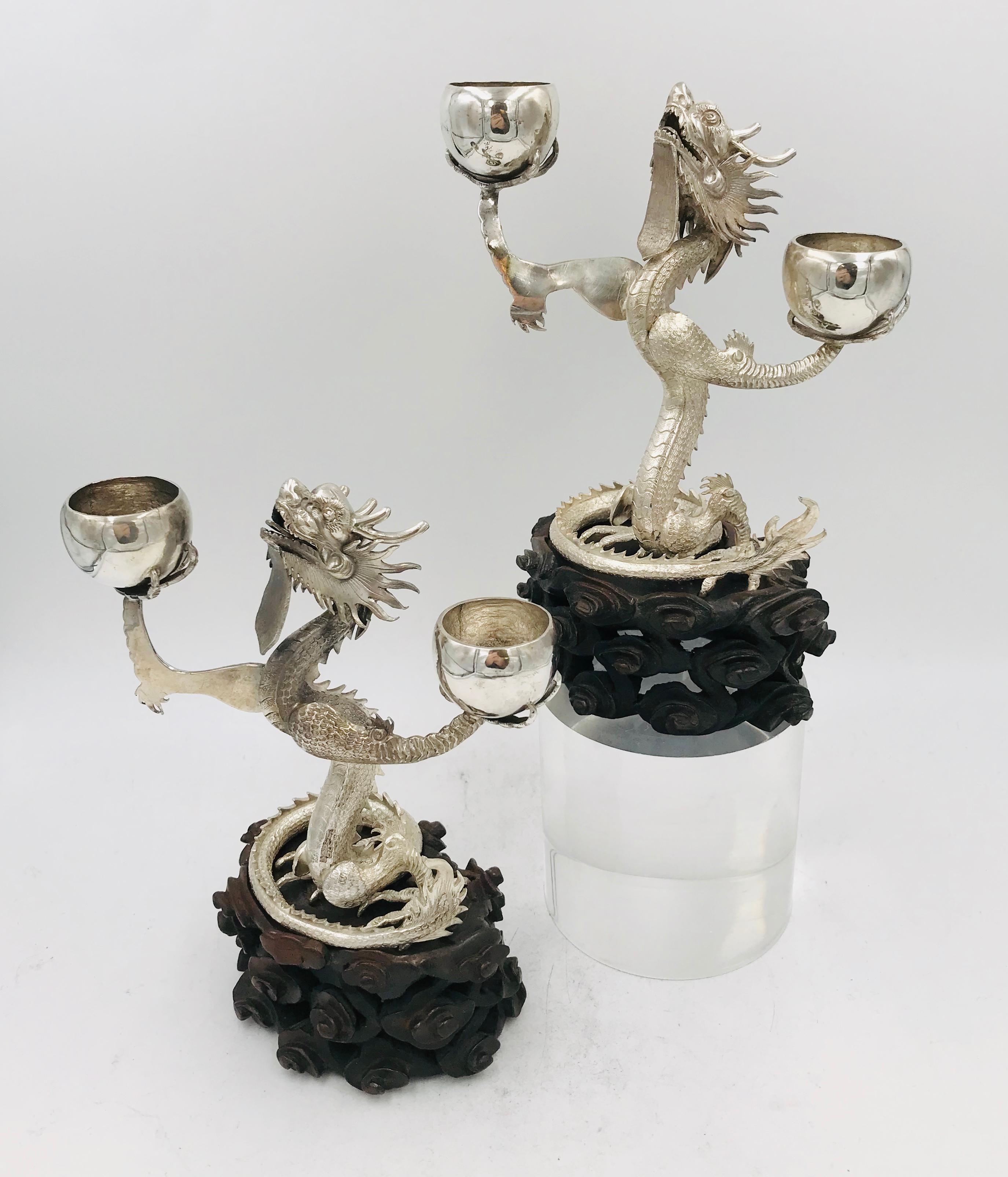 Pair of Chinese Export Silver Dragon Candelabra In Good Condition For Sale In London, GB