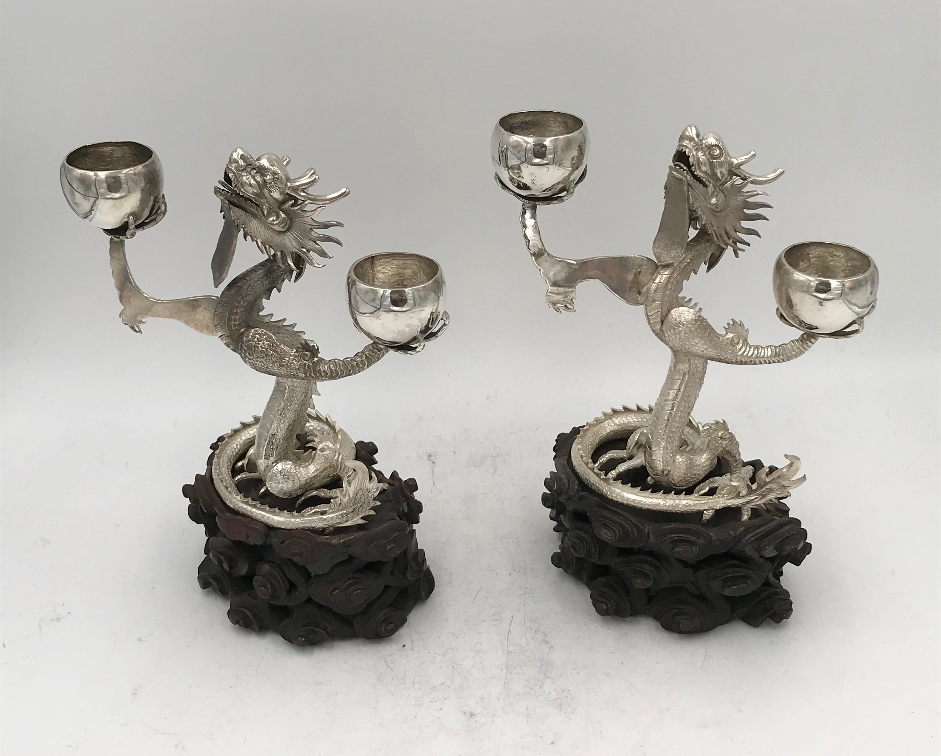 Late 19th Century Pair of Chinese Export Silver Dragon Candelabra For Sale
