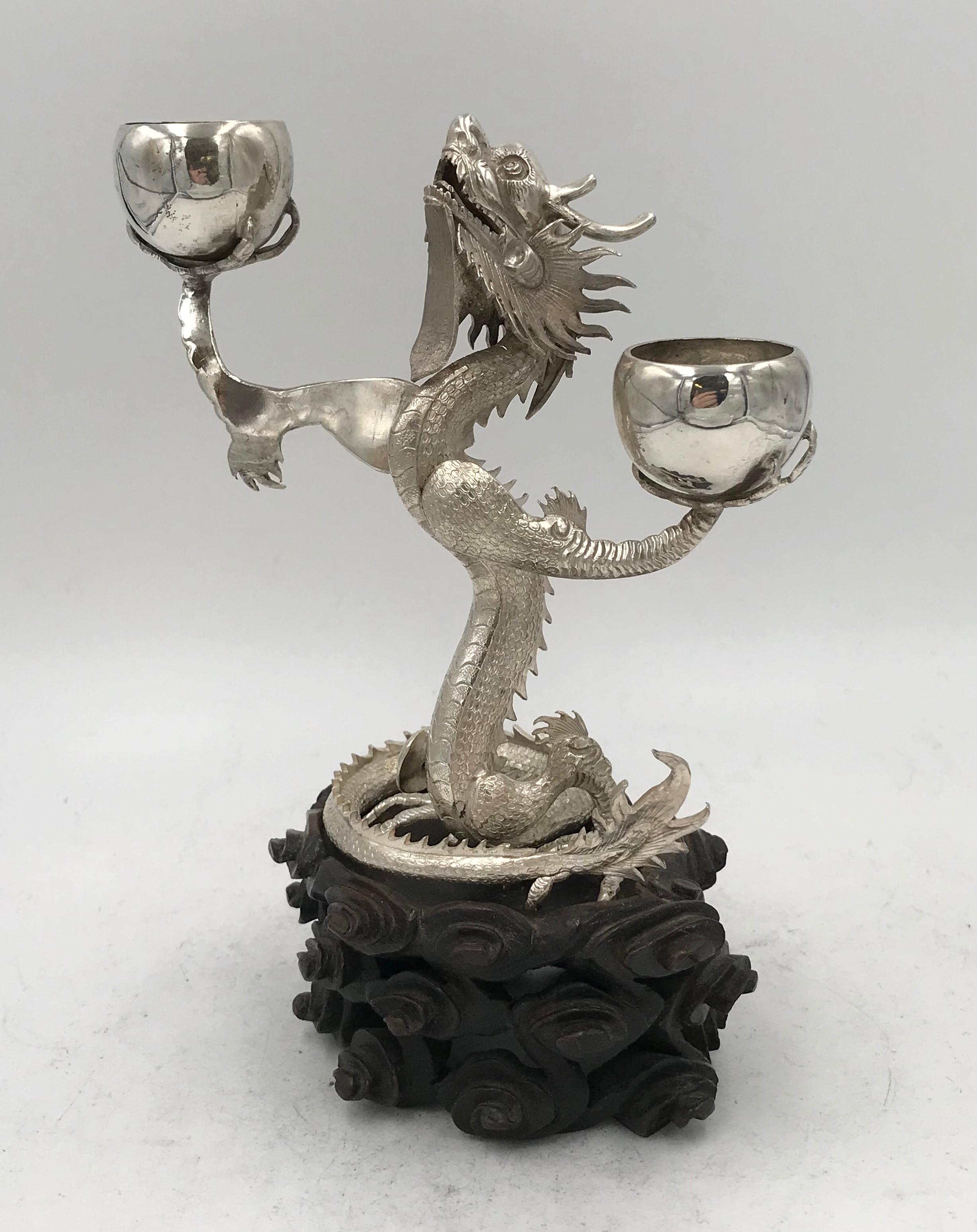 Pair of Chinese Export Silver Dragon Candelabra For Sale 1