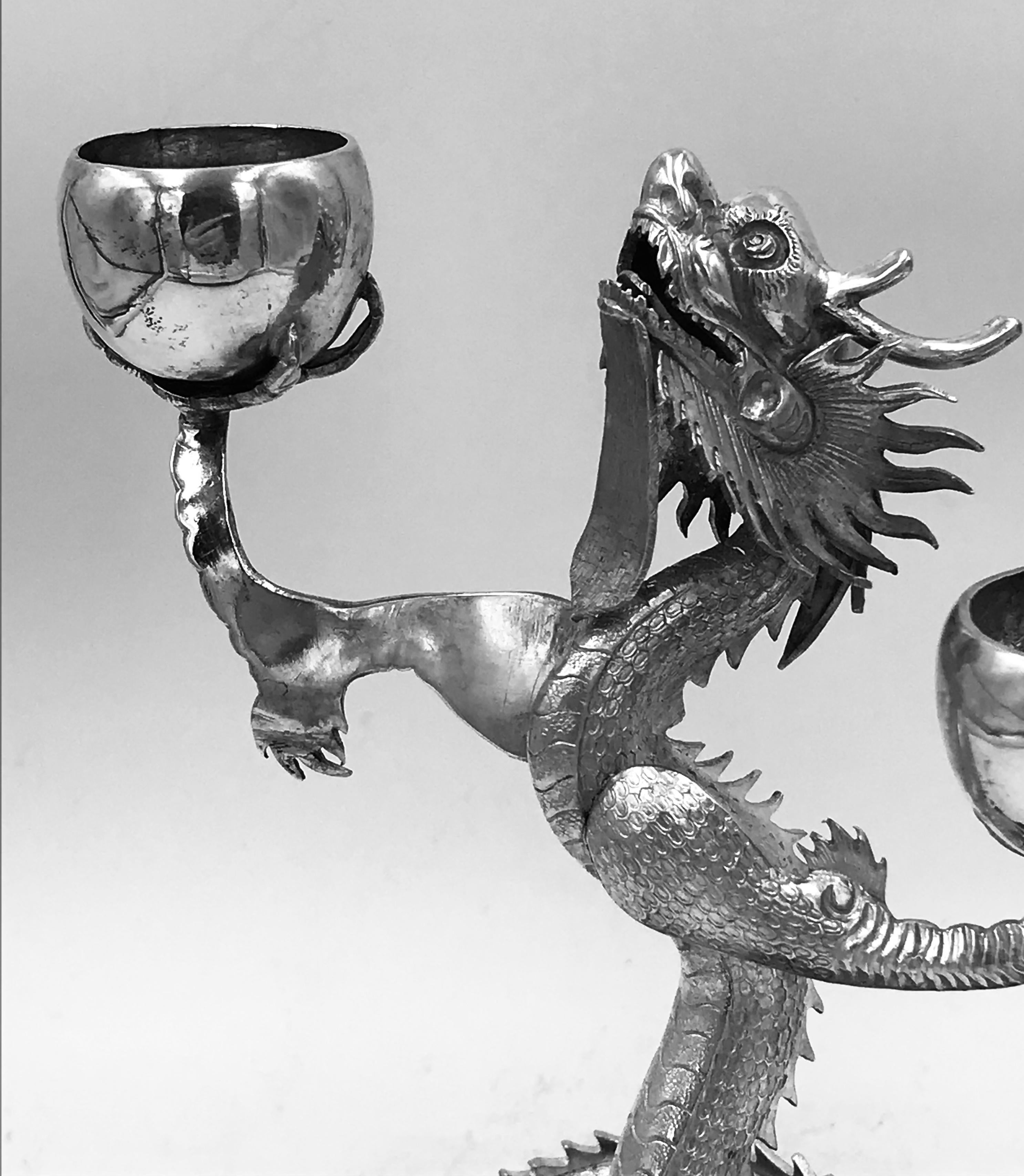 Pair of Chinese Export Silver Dragon Candelabra For Sale 4
