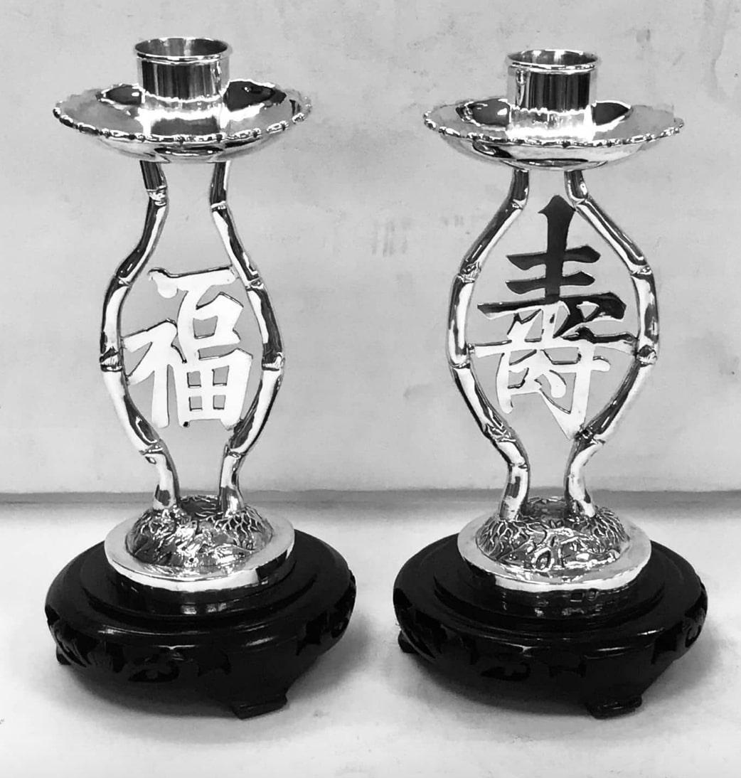 Pair of Chinese Export silver candlesticks with the character for 