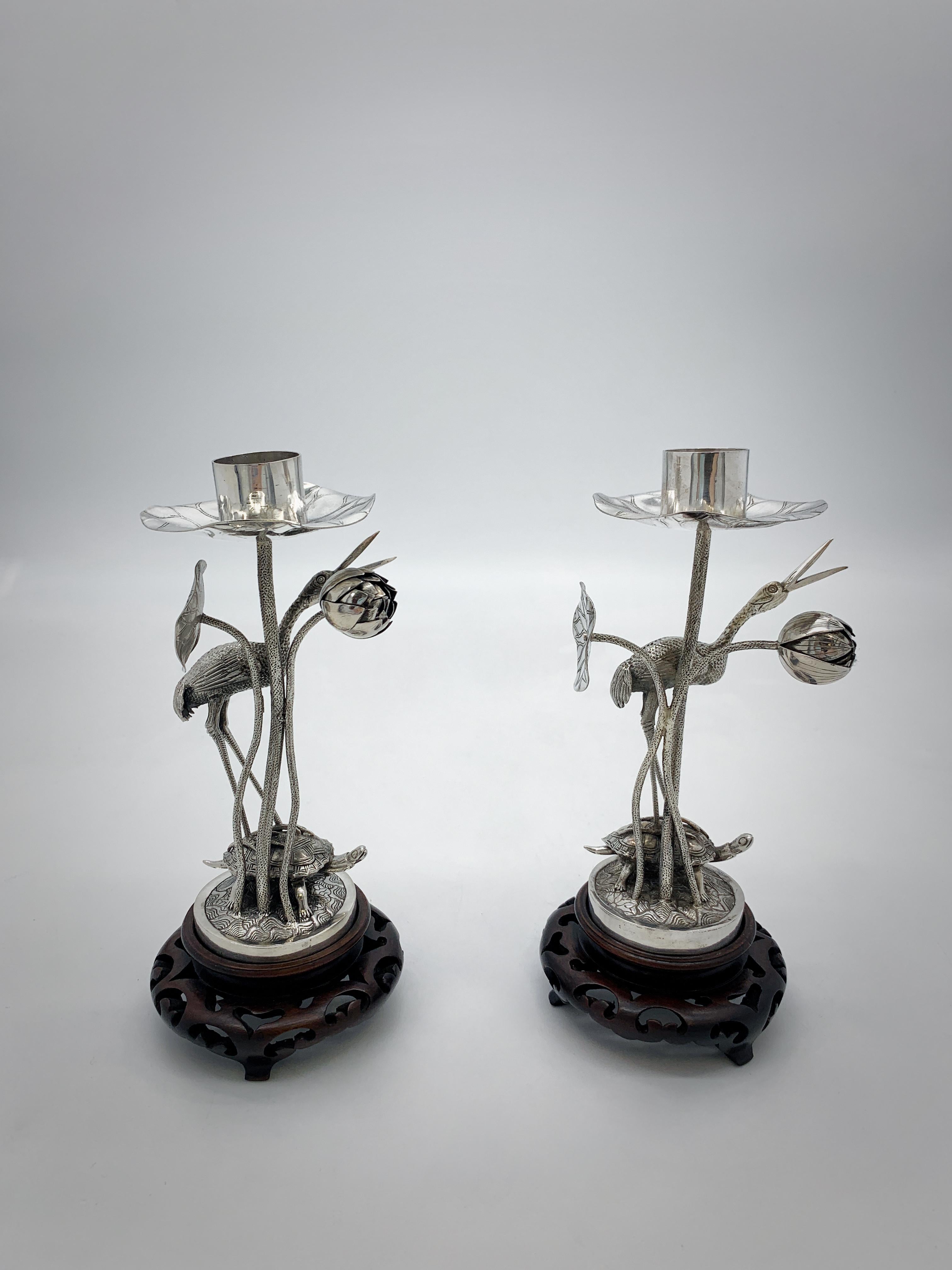 Pair Of Chinese Export Silver Candlesticks For Sale 3