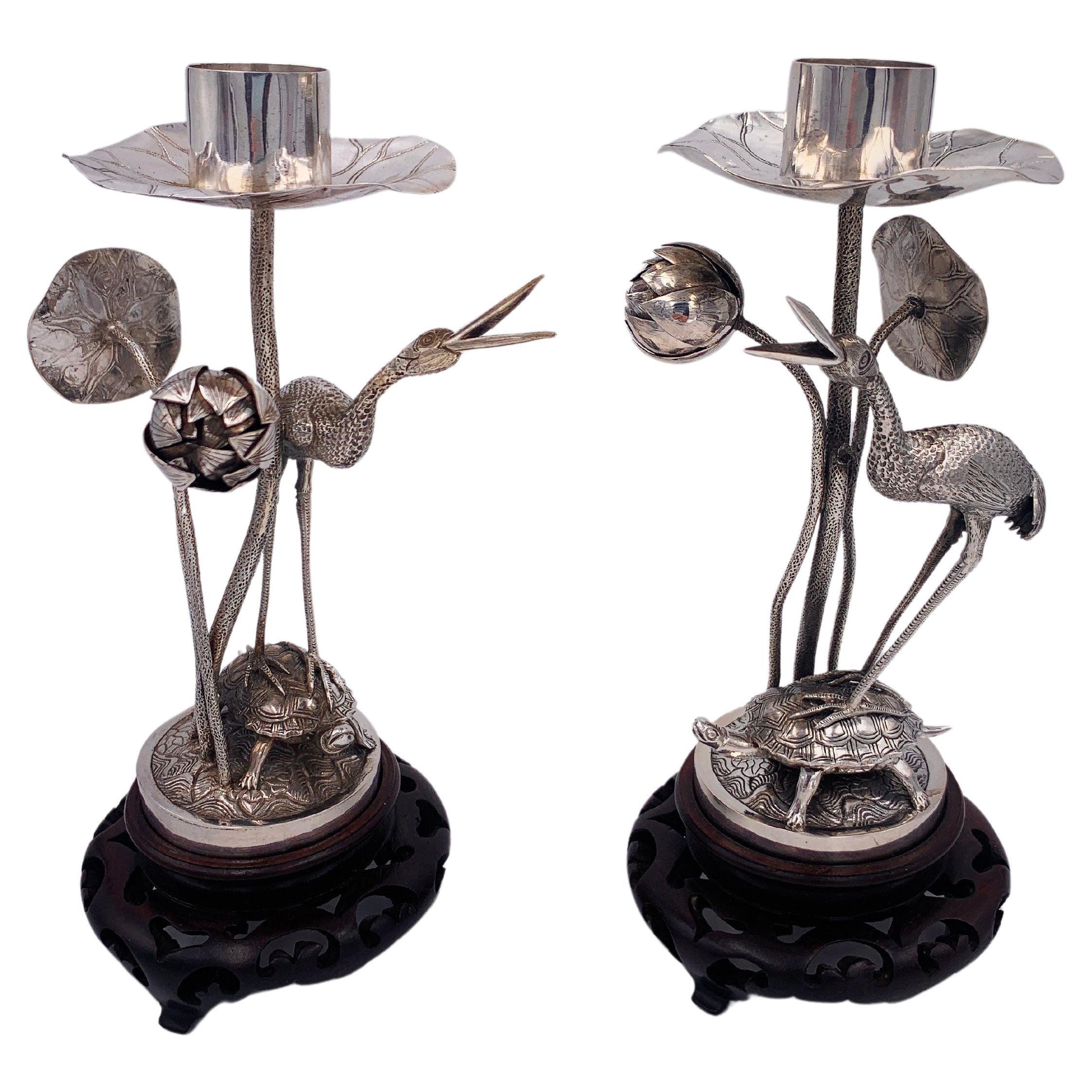 Pair Of Chinese Export Silver Candlesticks For Sale