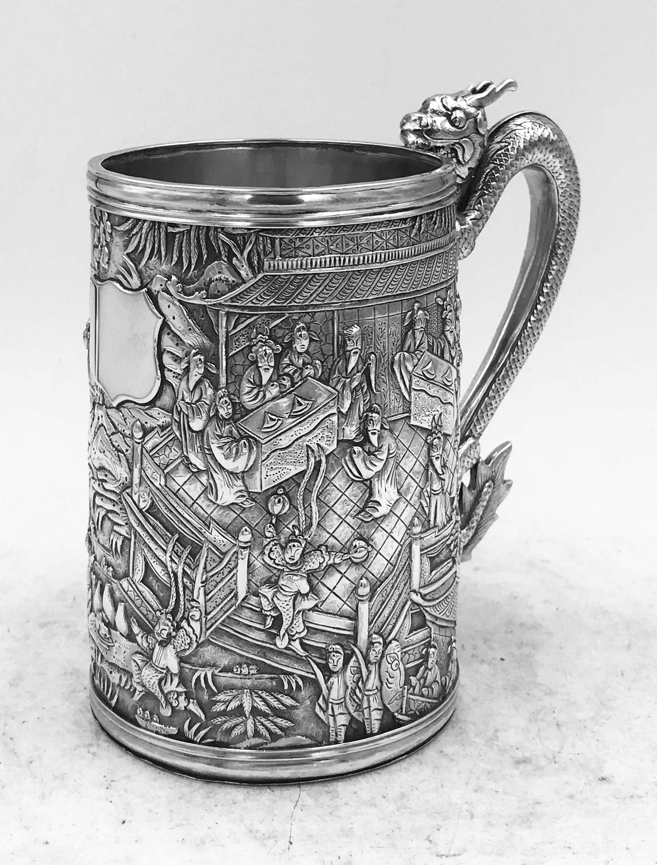 Pair of Chinese Export Silver Tankards For Sale 7