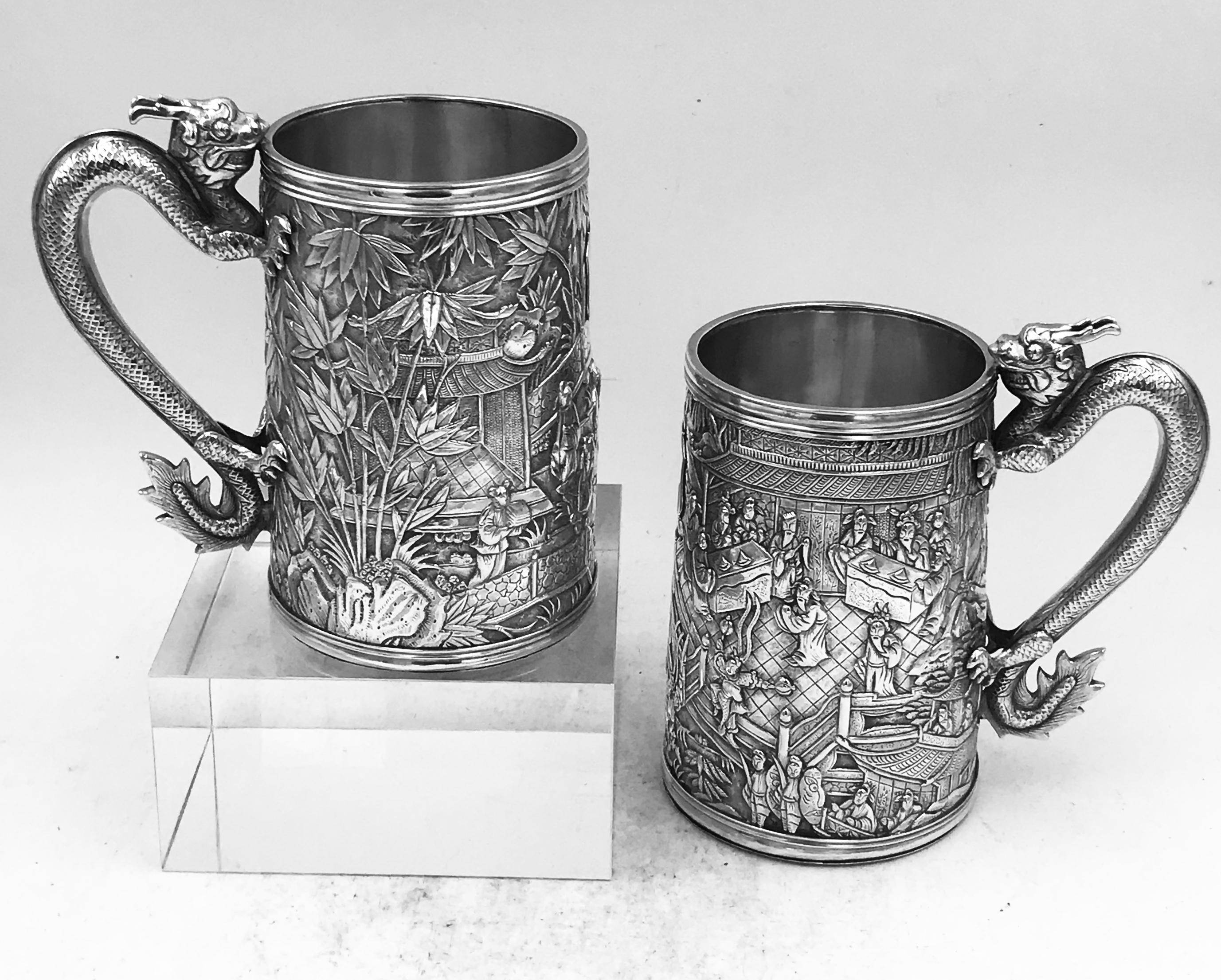Pair of Chinese Export Silver Tankards In Good Condition For Sale In London, GB