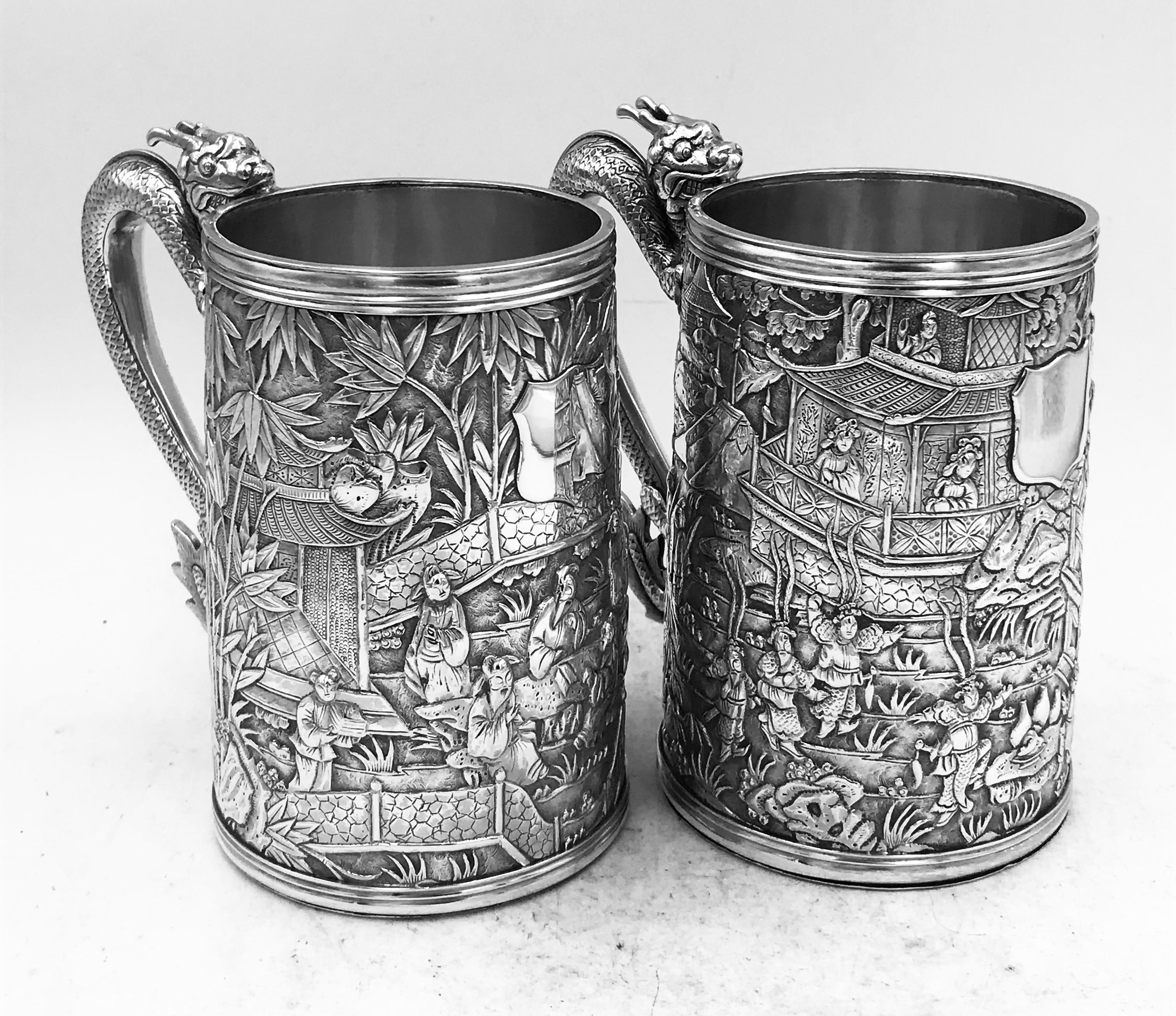 19th Century Pair of Chinese Export Silver Tankards For Sale