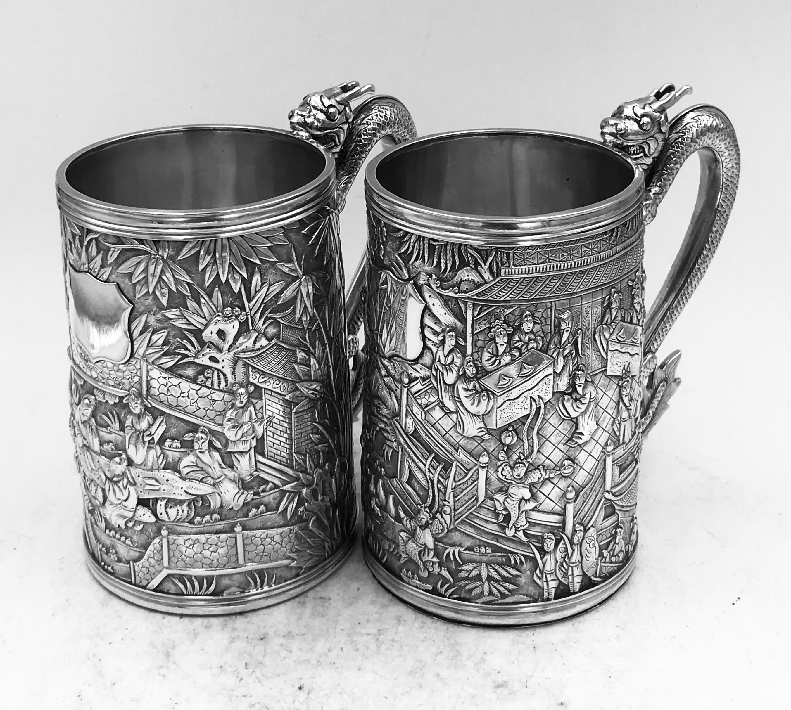 Sterling Silver Pair of Chinese Export Silver Tankards For Sale