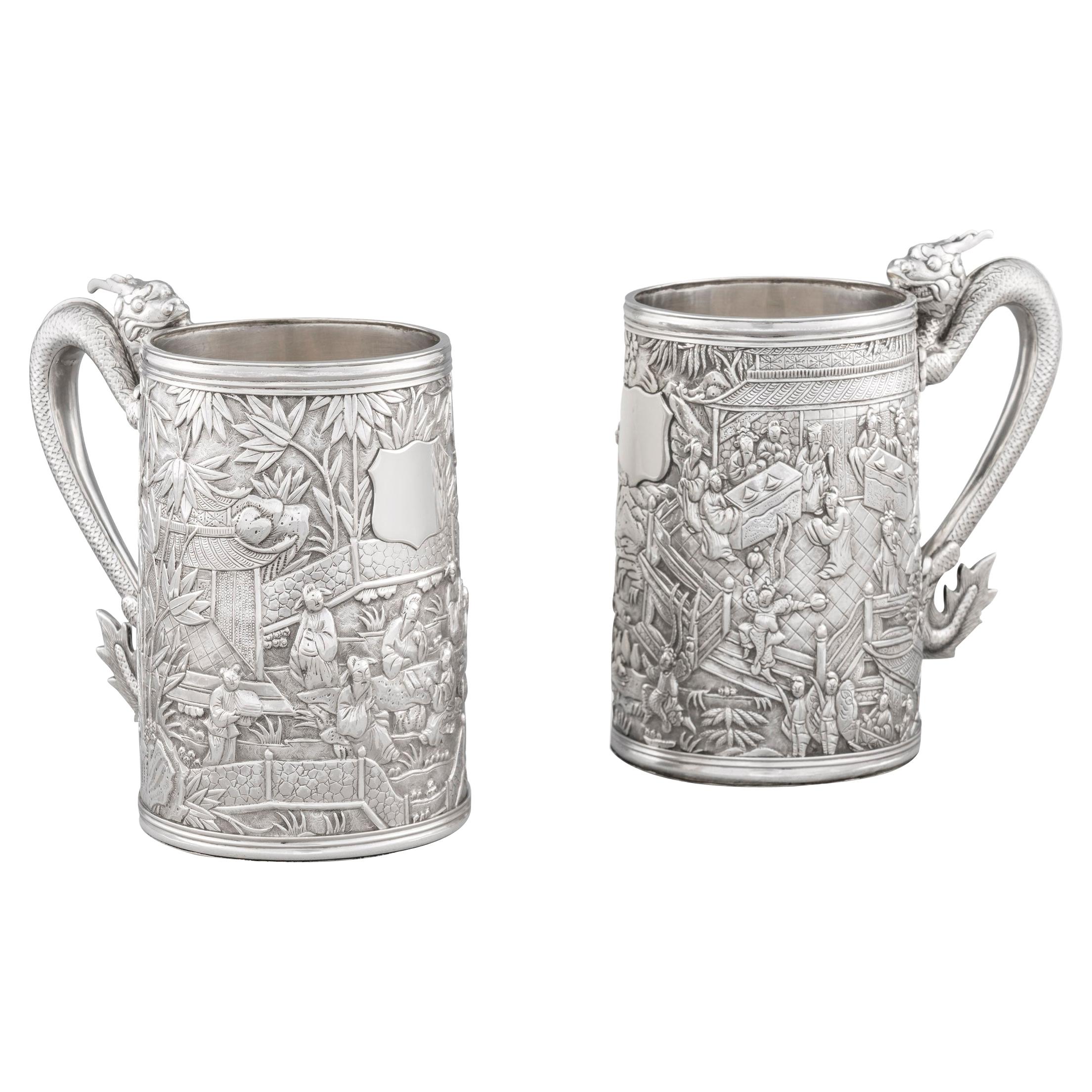 Pair of Chinese Export Silver Tankards