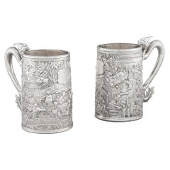 Antique Pair of Chinese Export Silver Tankards