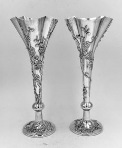 Pair of Chinese Export Silver Vases