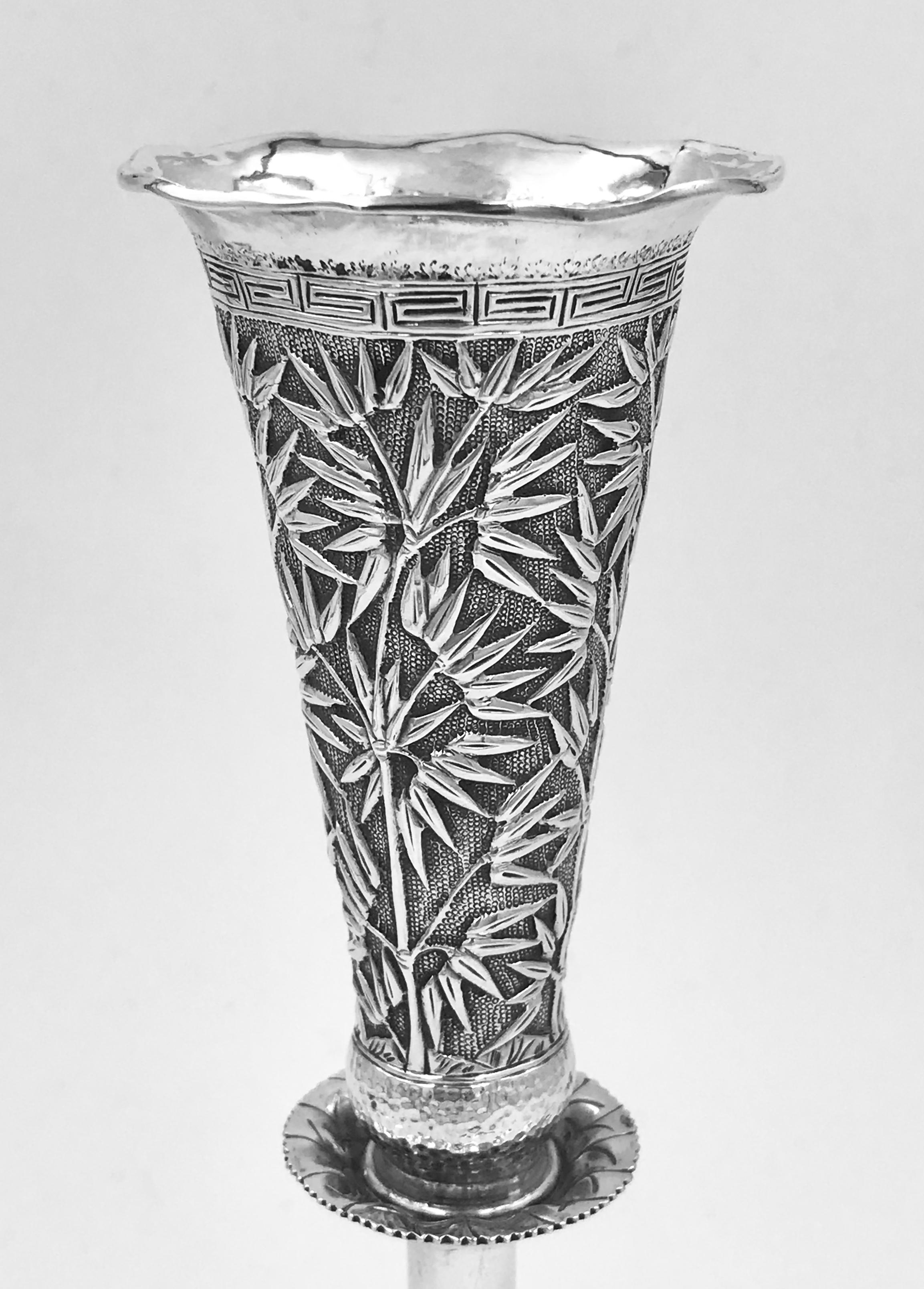 Late 19th Century Pair of Chinese Export Silver Vases For Sale