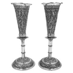 Pair of Chinese Export Silver Vases
