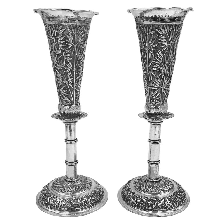 Pair of Chinese Export Silver Vases For Sale at 1stDibs