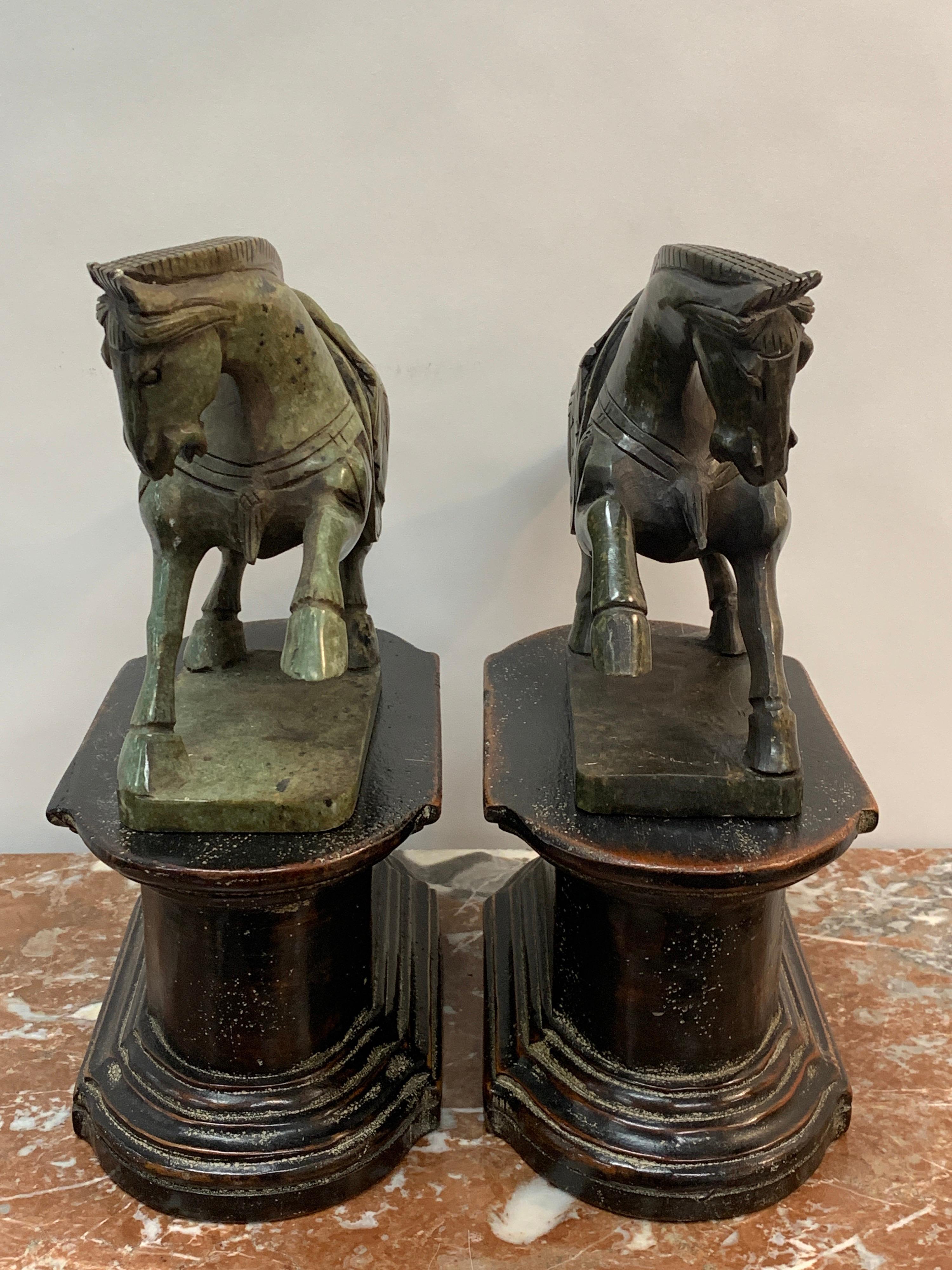 Hand-Carved Pair of Chinese Export Hardstone Horses and Stands For Sale
