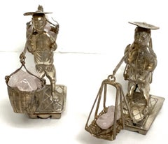 Pair of Chinese Export Sterling Figures of Labourers Carrying Rose Quartz