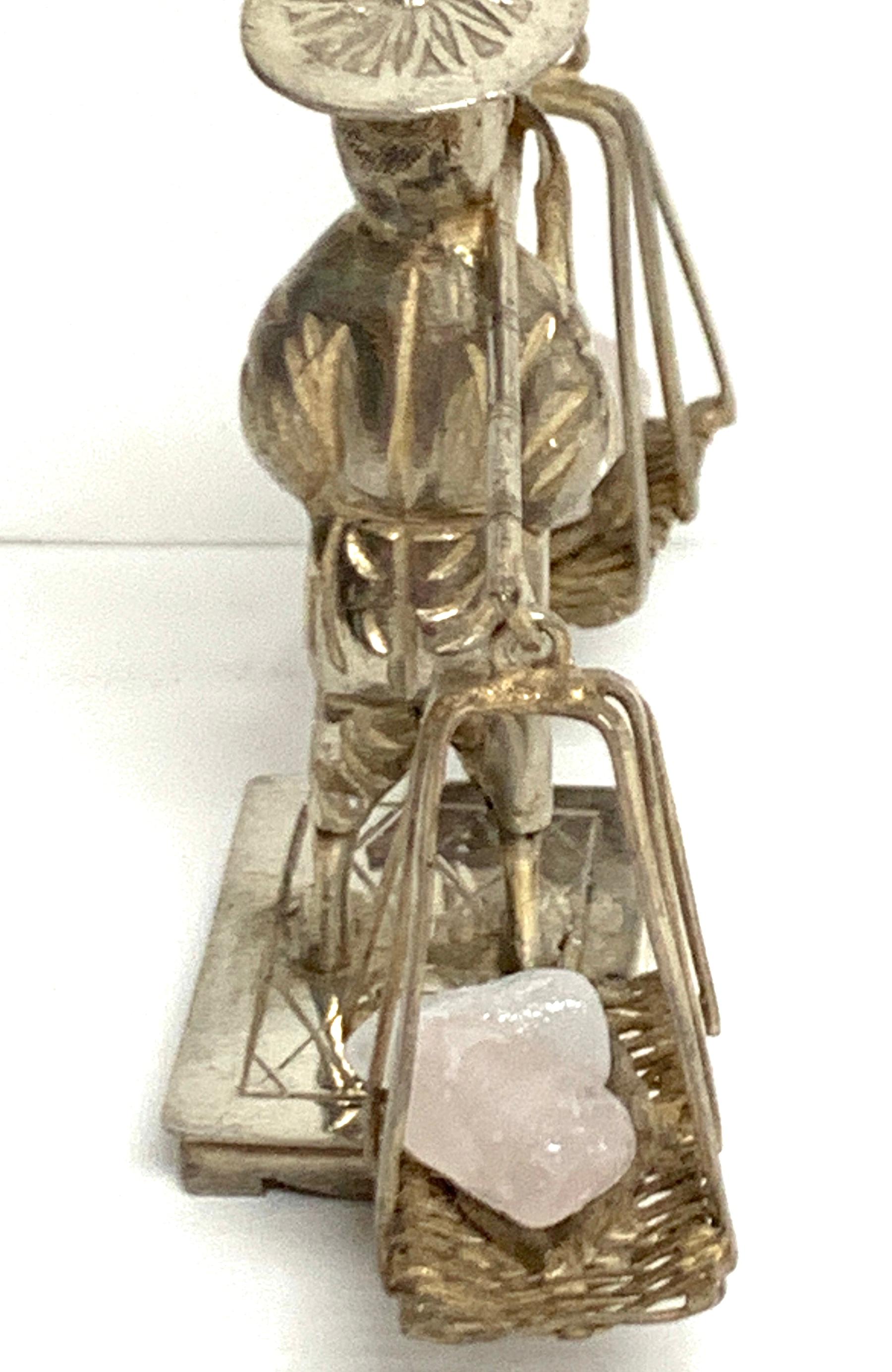 20th Century Pair of Chinese Export Sterling Figures of Labourers Carrying Rose Quartz