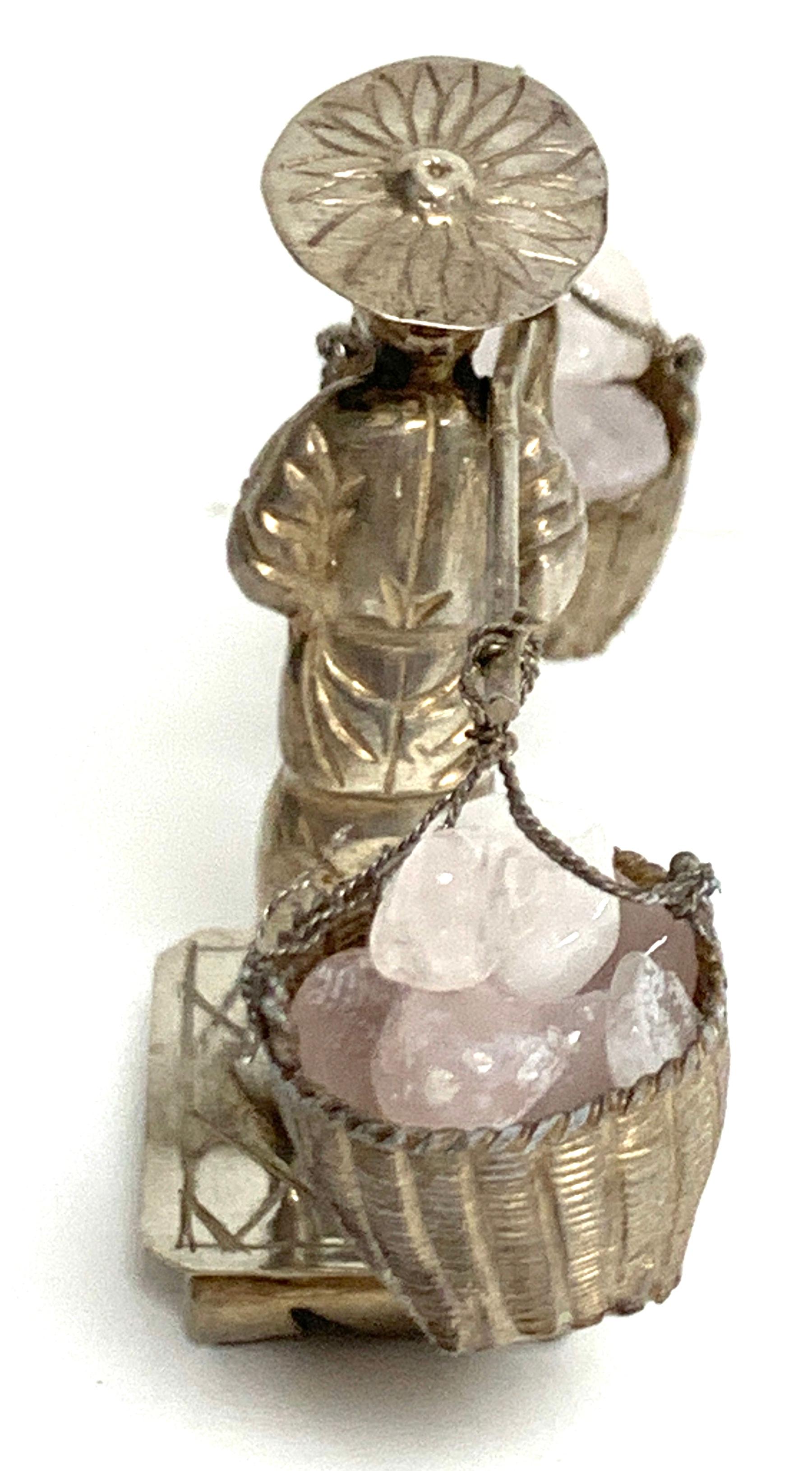 Pair of Chinese Export Sterling Figures of Labourers Carrying Rose Quartz 4