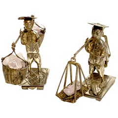 Pair of Chinese Export Sterling Figures of Labourers Carrying Rose Quartz