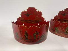 Pair Of Chinese Export Style Painted Tole Wall Pockets, Italian Mid Century