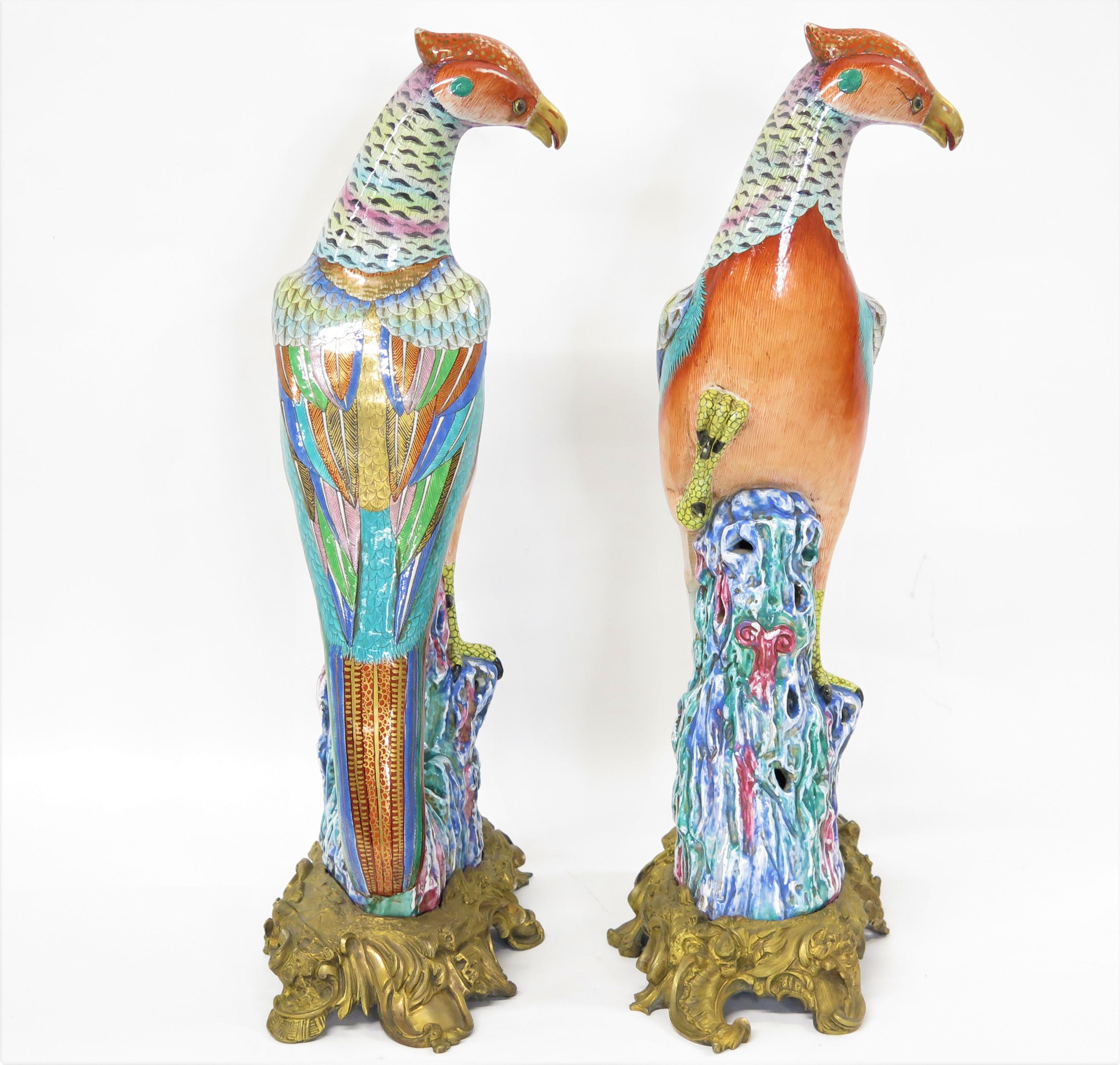 Hand-Painted Pair of Chinese Export Style Porcelain Pheasants on French Mounts of Gilt Bronze