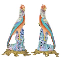 Antique Pair of Chinese Export Style Porcelain Pheasants on French Mounts of Gilt Bronze