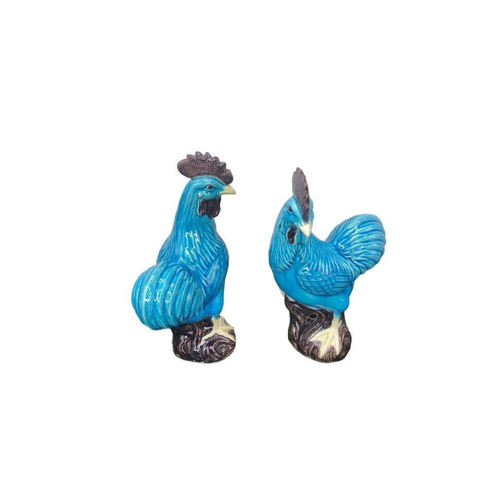Pair of Chinese Export Turquoise Glazed Roosters In Good Condition In Chapel Hill, NC