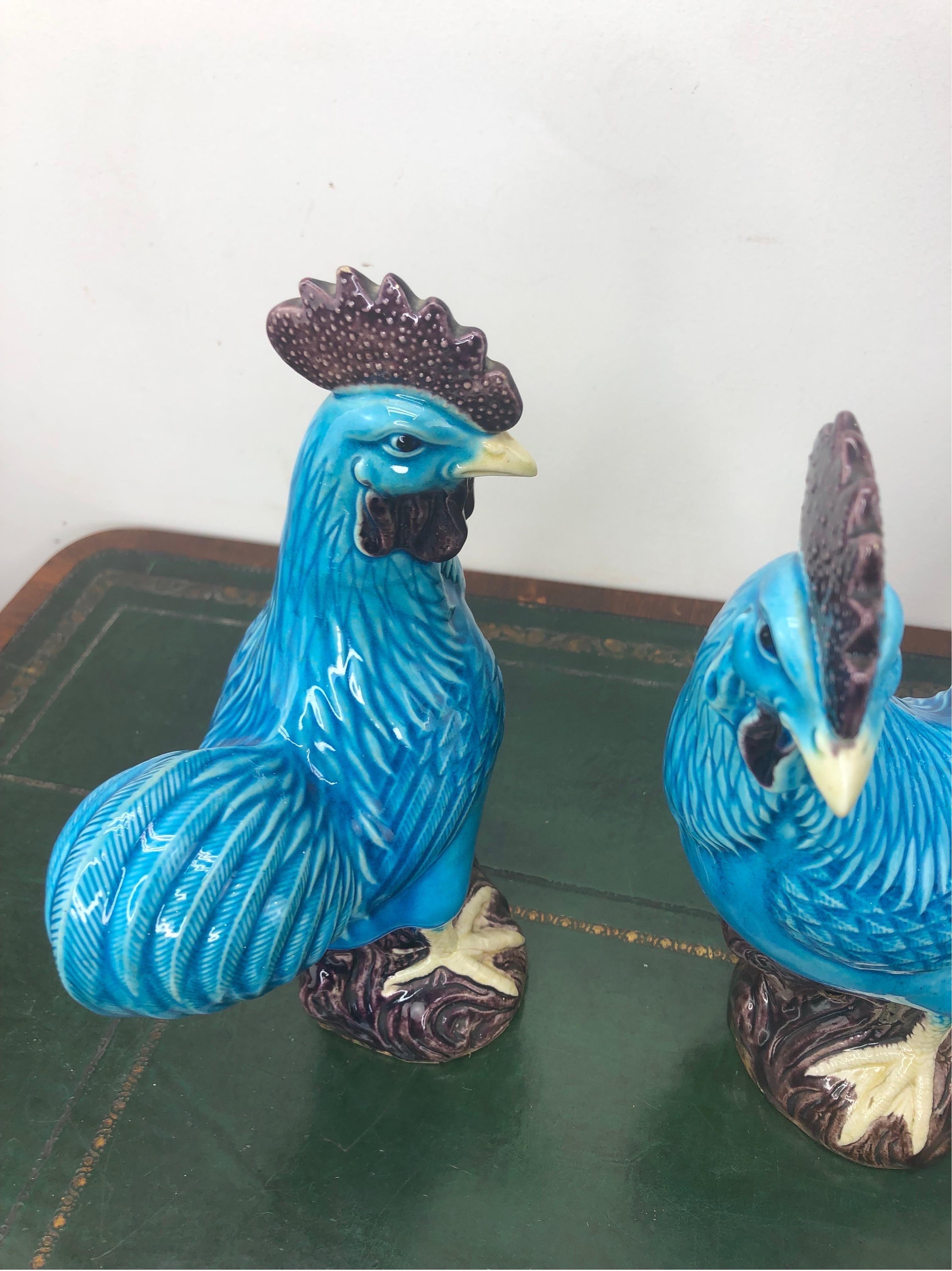 Porcelain Pair of Chinese Export Turquoise Glazed Roosters