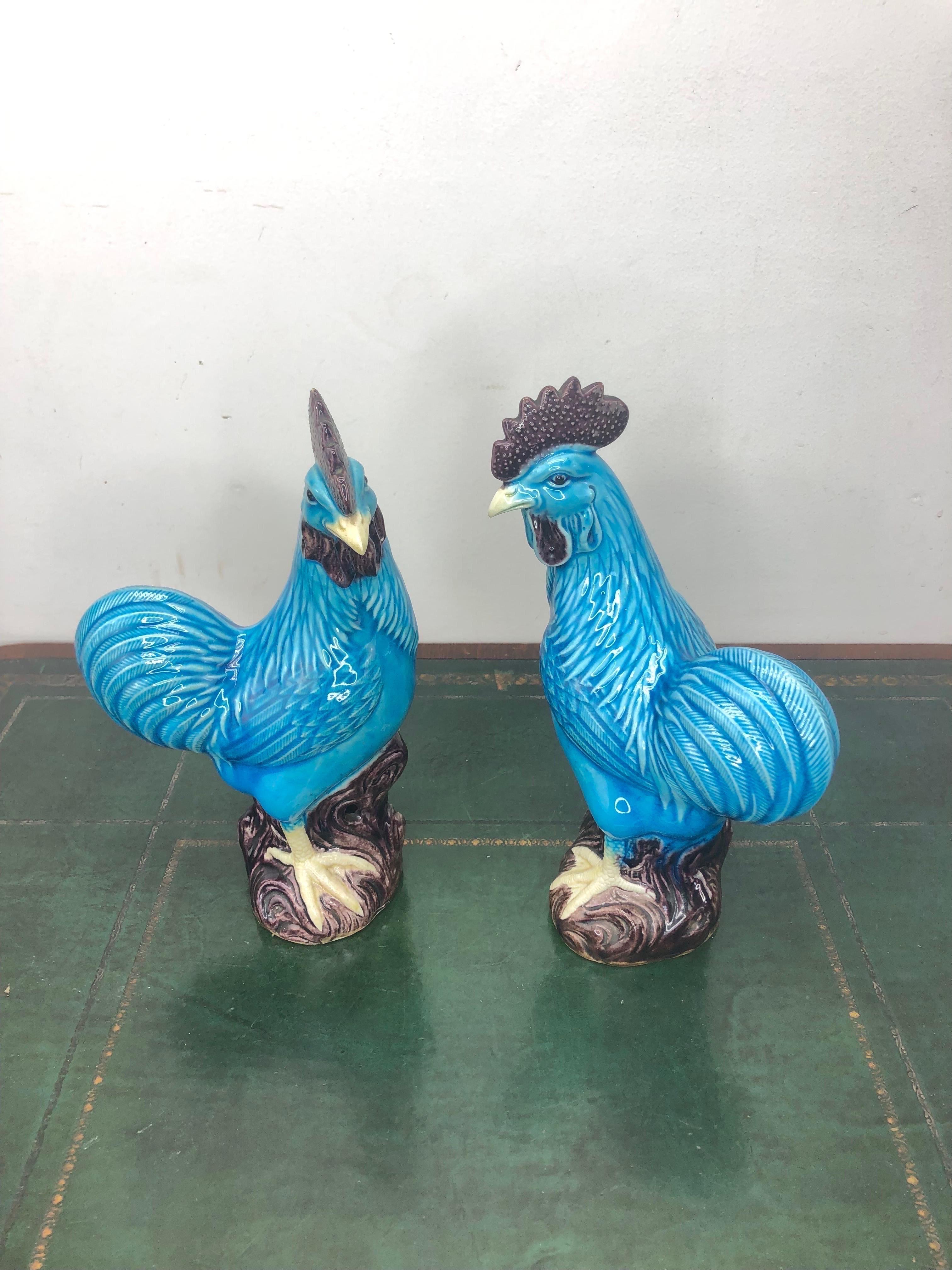 Pair of Chinese Export Turquoise Glazed Roosters 1