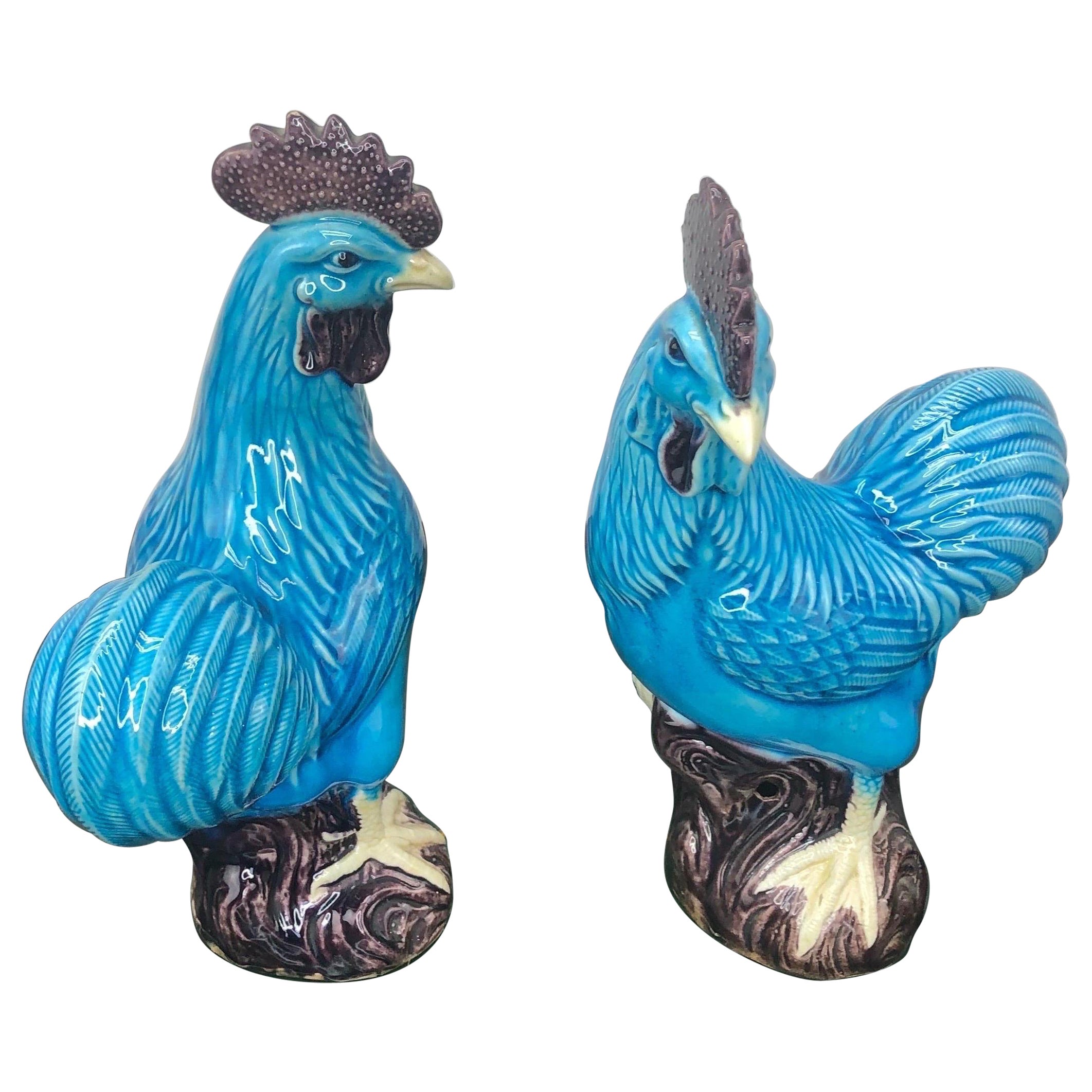 Pair of Chinese Export Turquoise Glazed Roosters