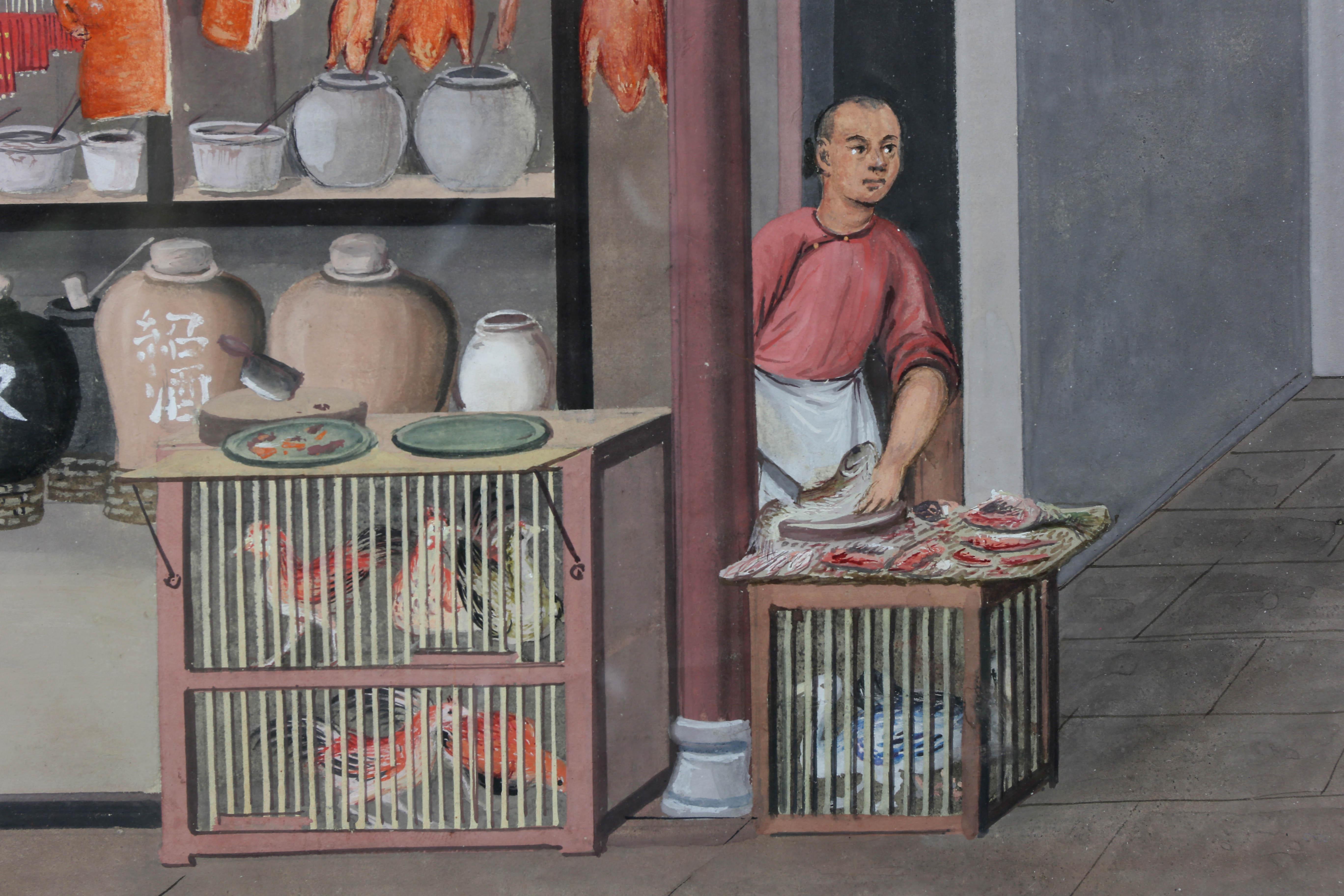 Early 19th Century Pair of Chinese Export Watercolors of Clock Shop and Produce Market