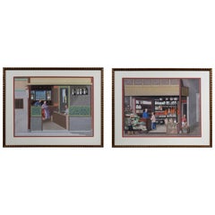 Antique Pair of Chinese Export Watercolors of Clock Shop and Produce Market