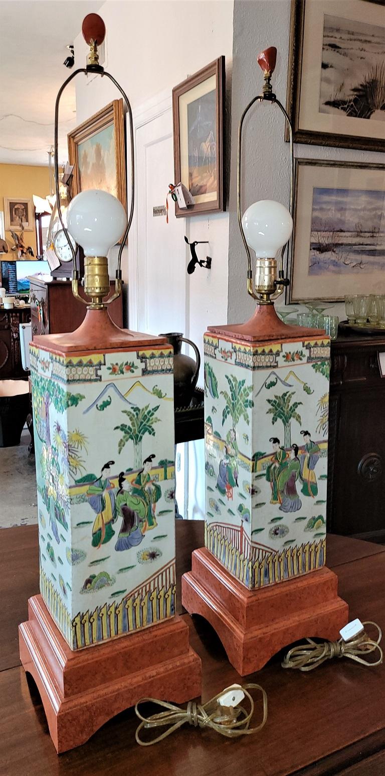 Pair of Chinese Famile Verte and Coral Tall Table Lamps For Sale 5