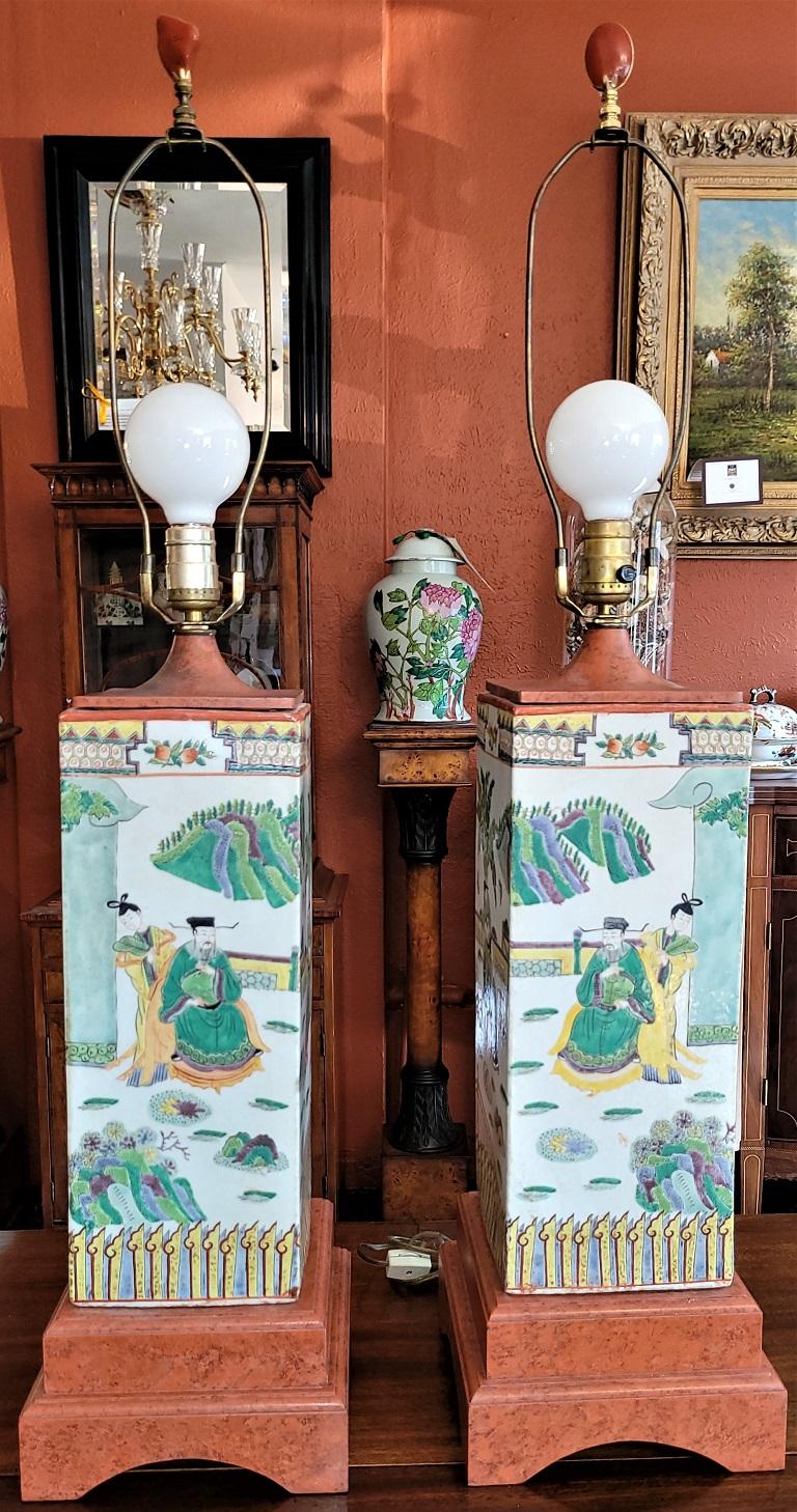 Ceramic Pair of Chinese Famile Verte and Coral Tall Table Lamps For Sale