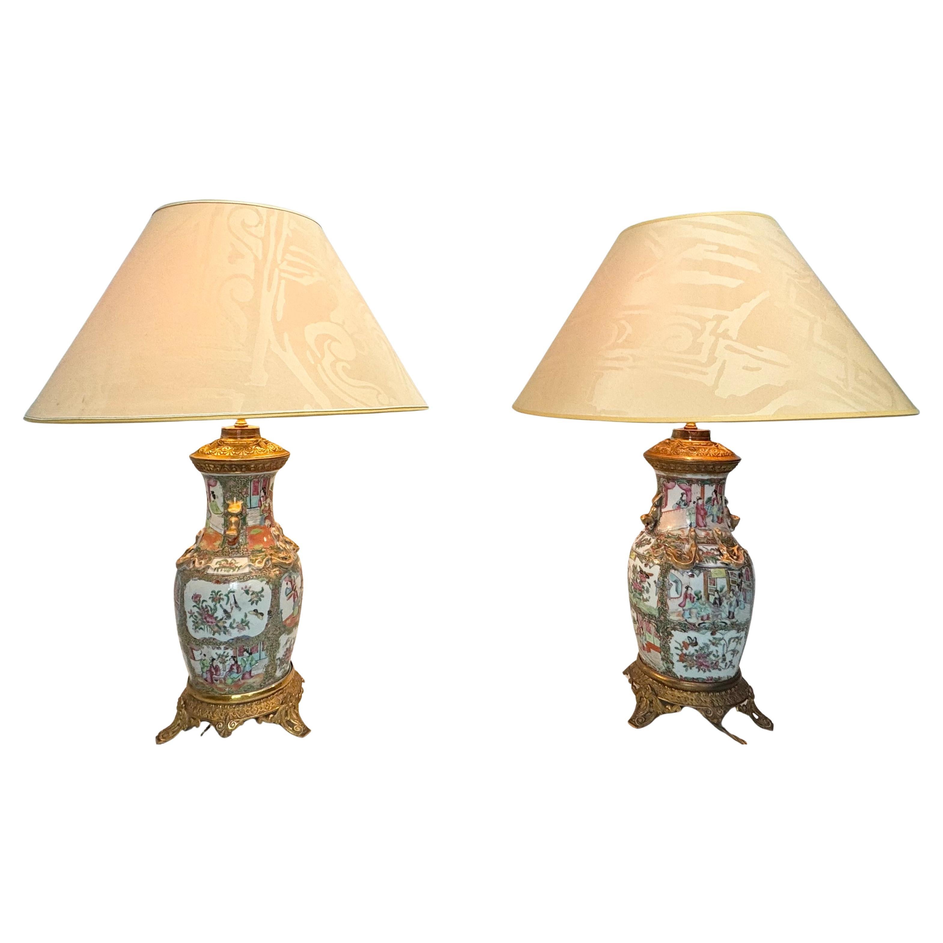 Pair of Chinese Familie Rose Porcelaine and Gilt Bronze Lamps, Late 19th
