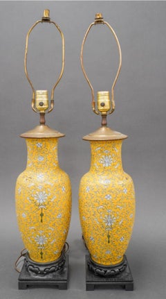 Pair of Chinese Famille Jaune Enamel Vases Mounted as Lamps