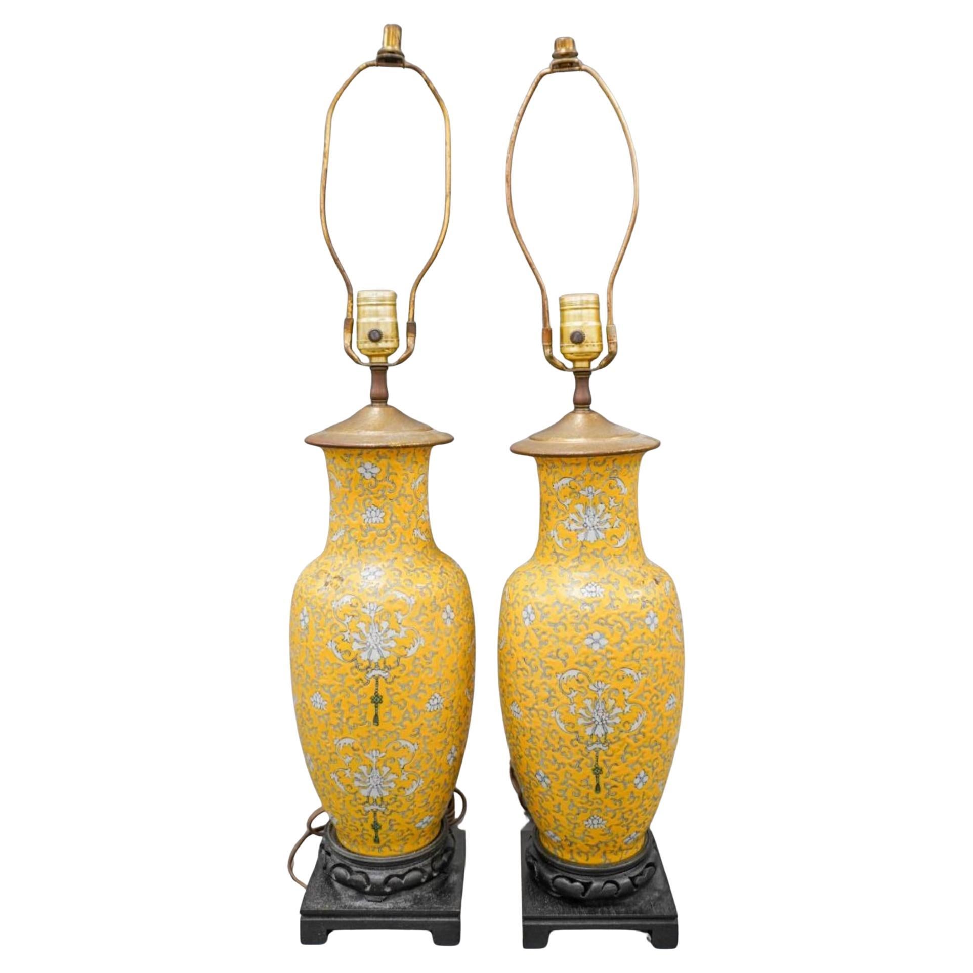 Pair of Chinese Famille Jaune Enamel Vases Mounted as Lamps