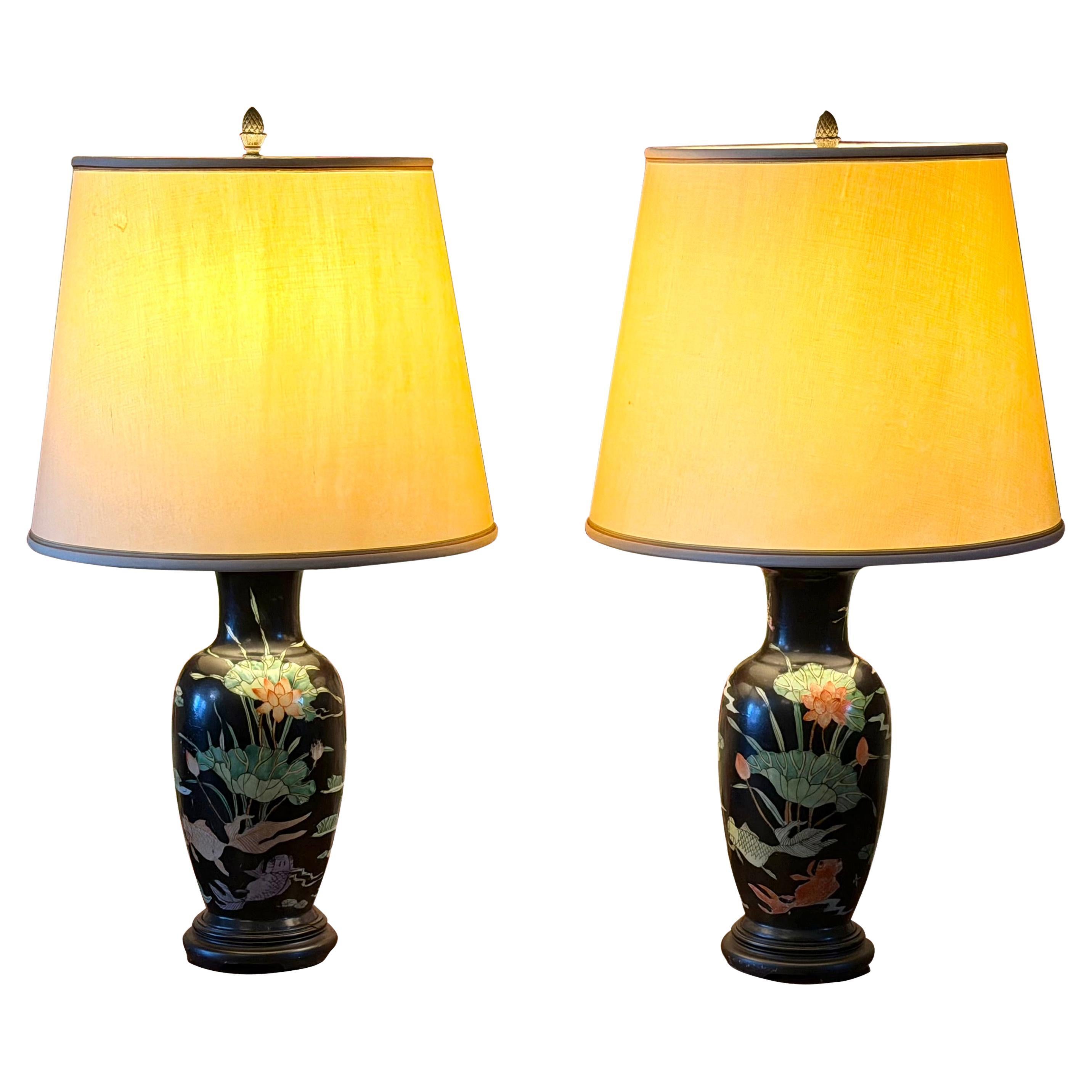 Pair of Chinese Famille Noir Vases Now as Lamps