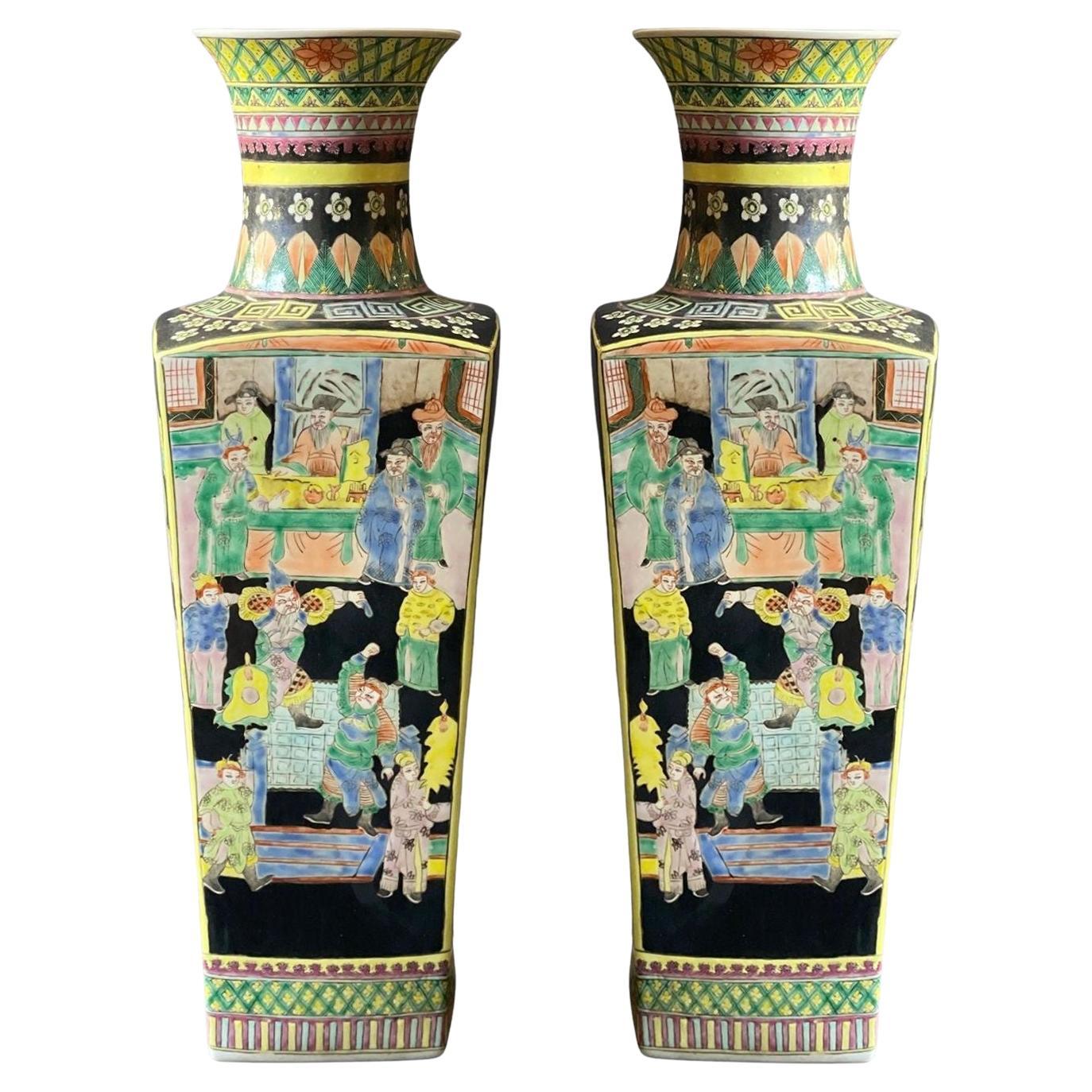 Pair of Chinese Famille Noire Vases For Sale