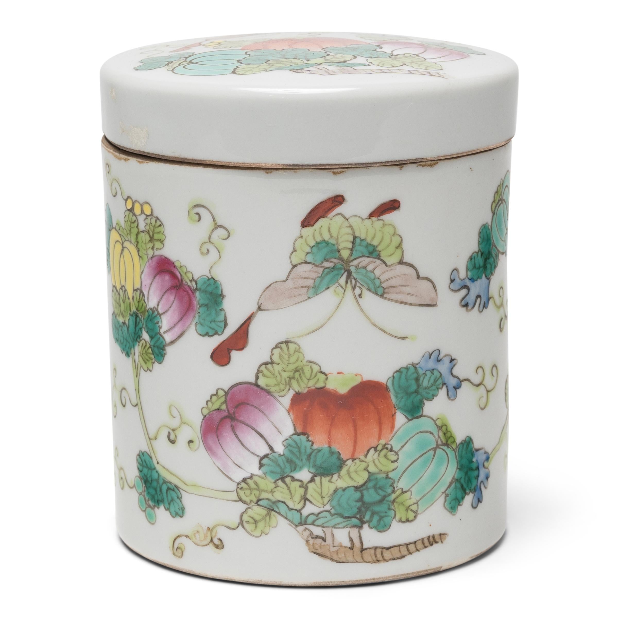 Chinese Export Pair of Chinese Famille Rose Butterfly & Gourd Containers, c. 1920 For Sale