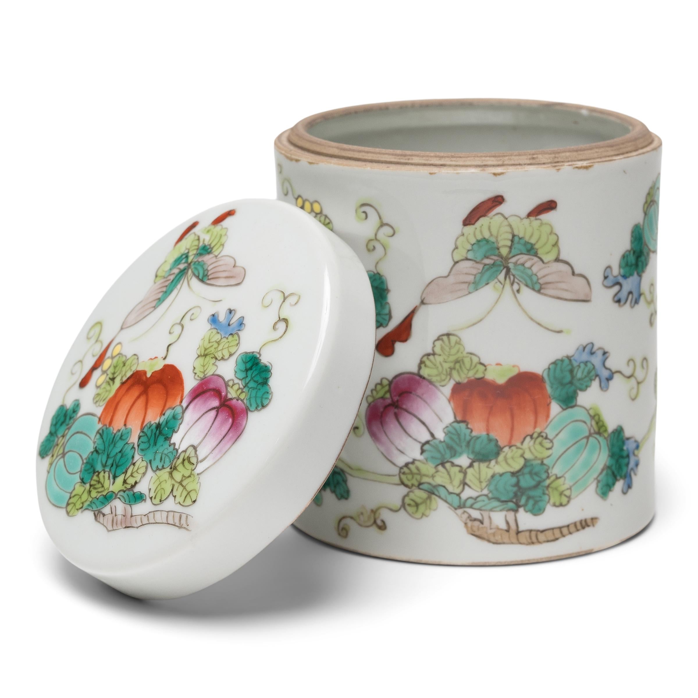 Enameled Pair of Chinese Famille Rose Butterfly & Gourd Containers, c. 1920 For Sale