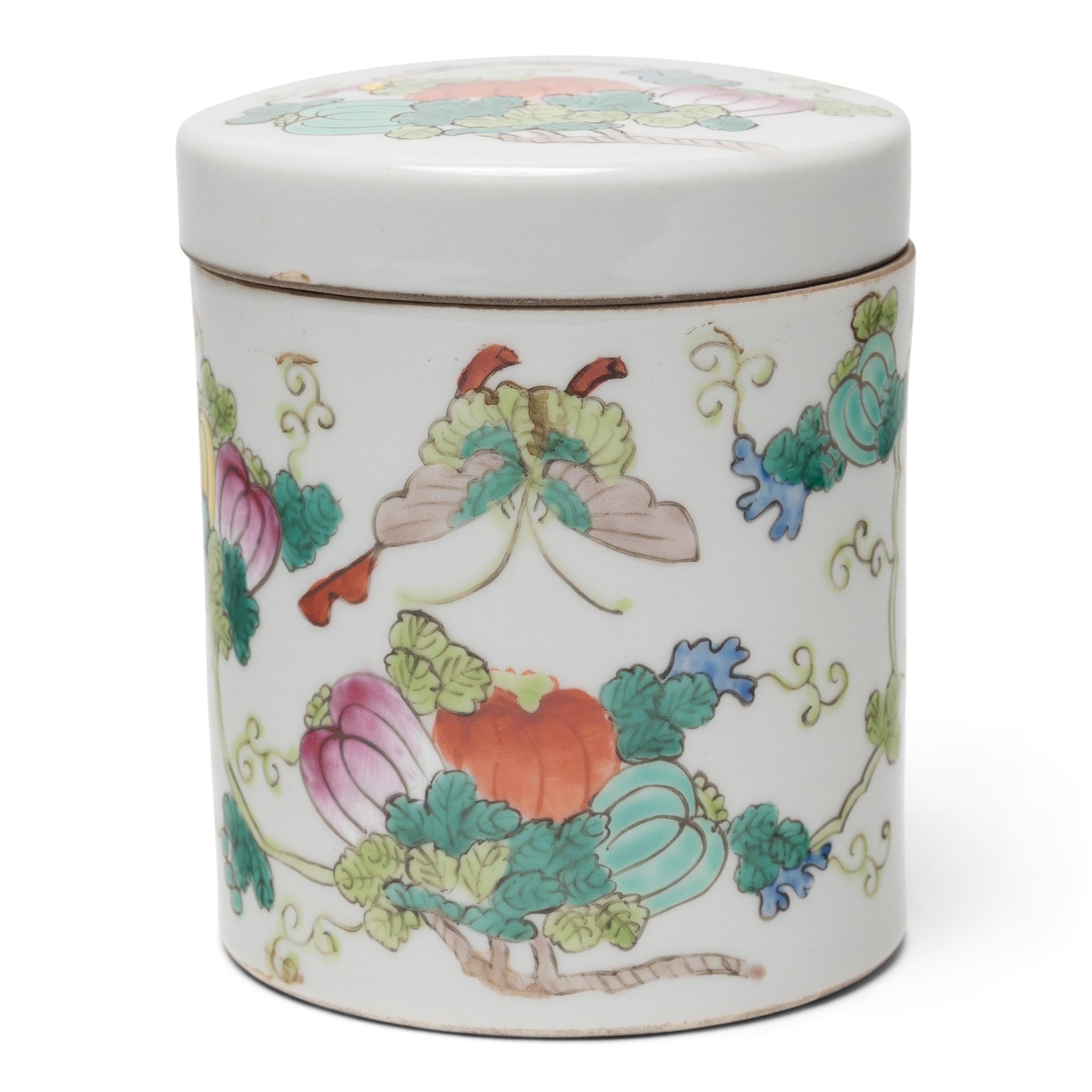 20th Century Pair of Chinese Famille Rose Butterfly & Gourd Containers, c. 1920 For Sale