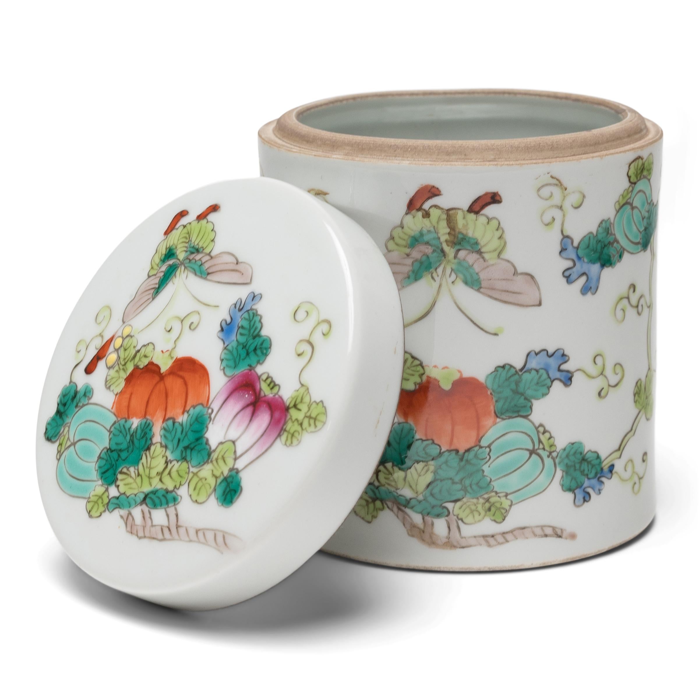 Porcelain Pair of Chinese Famille Rose Butterfly & Gourd Containers, c. 1920 For Sale